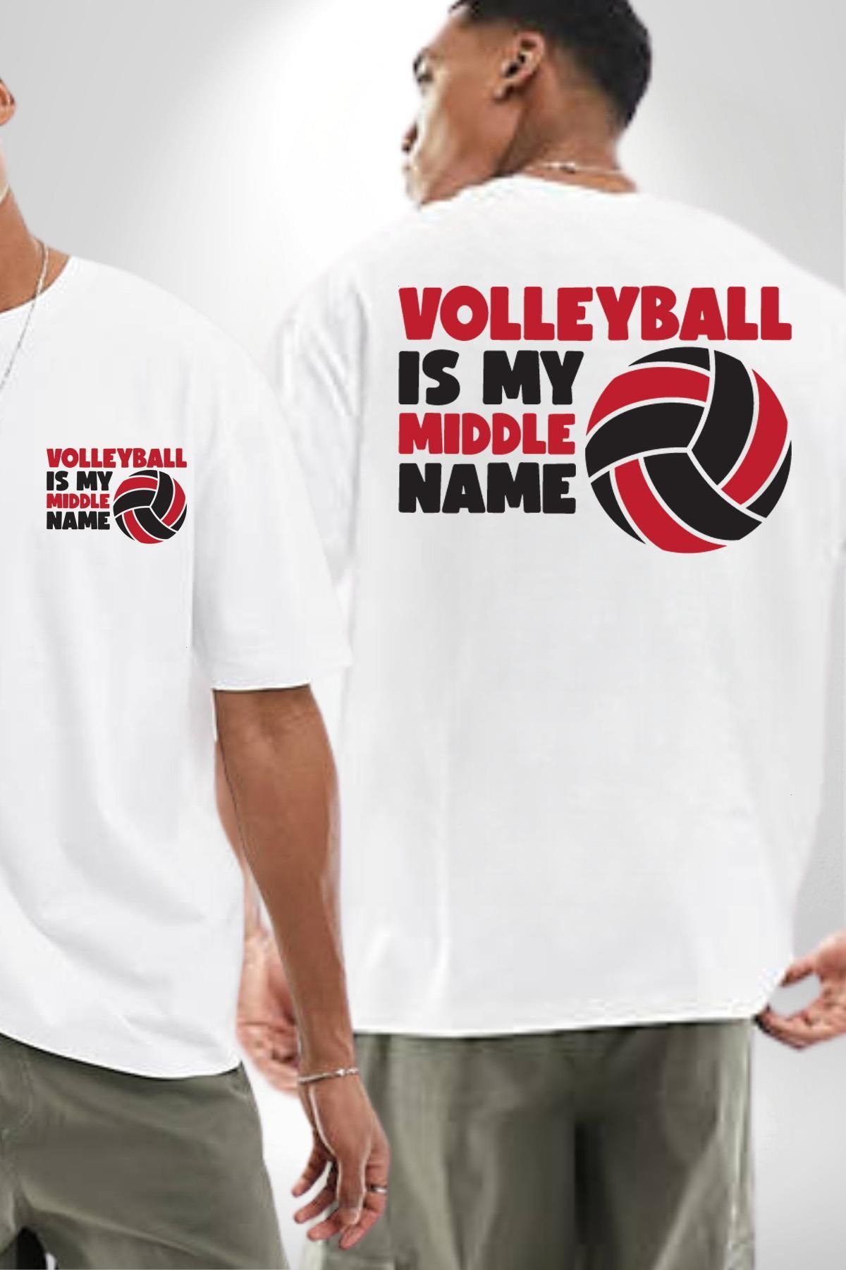 Angemiel Voleybol Benim İkinci İsmim Yazılı Beyaz Oversize Kadın Erkek Ön ve Sırt Baskılı Tişört