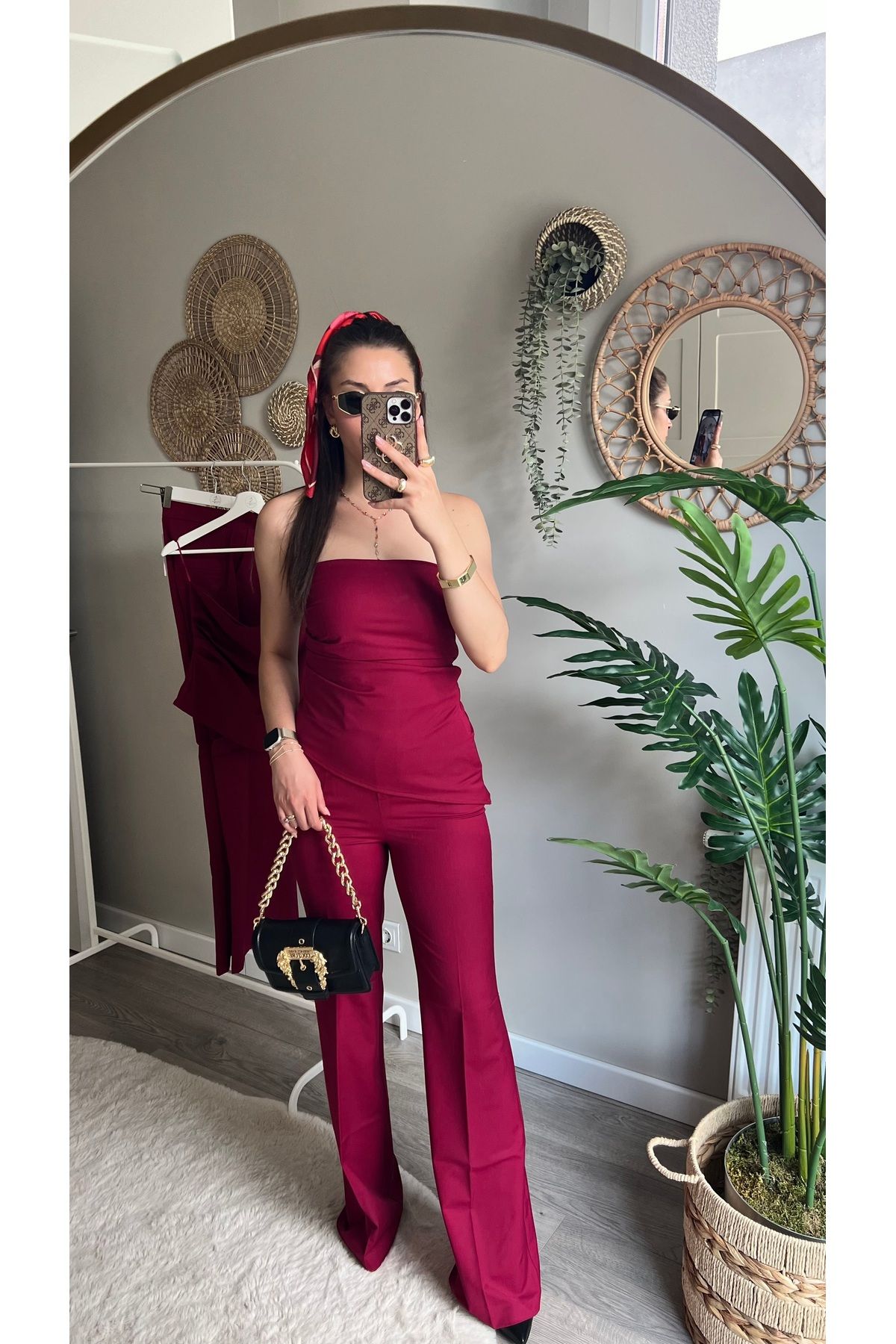 ASEL ÇANKAYA BUTİK Bordo Straplez Bluz ve Pantolon Takımı
