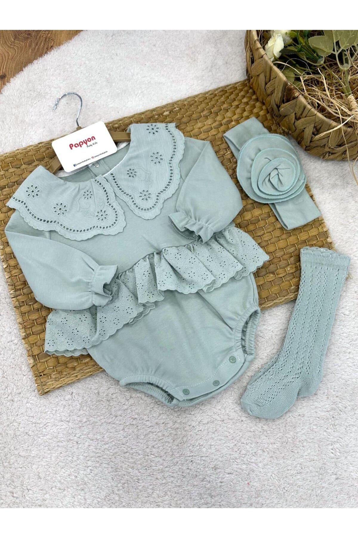 Papyon Baby Kids Elite Güpürlü Çoraplı Kız Bebek Romper Badi (3-6/6-9/9-12 Ay)
