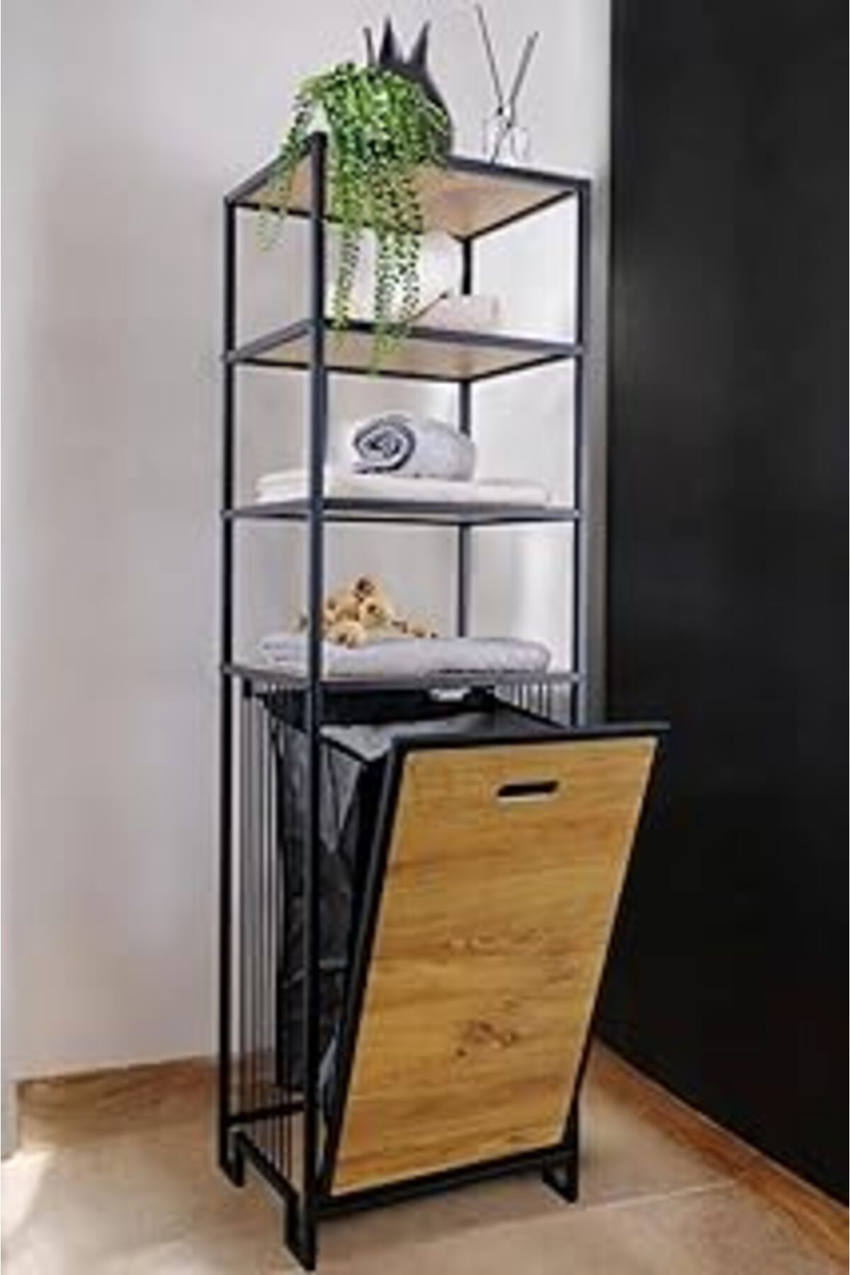 ASİTAN Digithome Metal Kirli Sepetli 4 Raflı Çok Amaçlı Banyo Düzenleyici Raf Organizer Siyah/Atlantik Çam