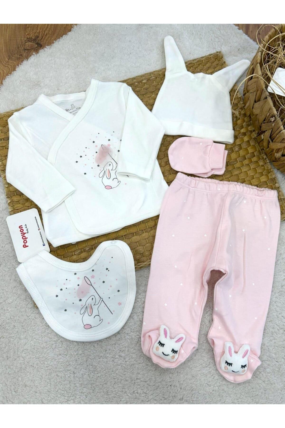 Papyon Baby Kids Tavşan Model Yenidoğan Kız Bebek 5li Zıbın Set Hastane Çıkışı