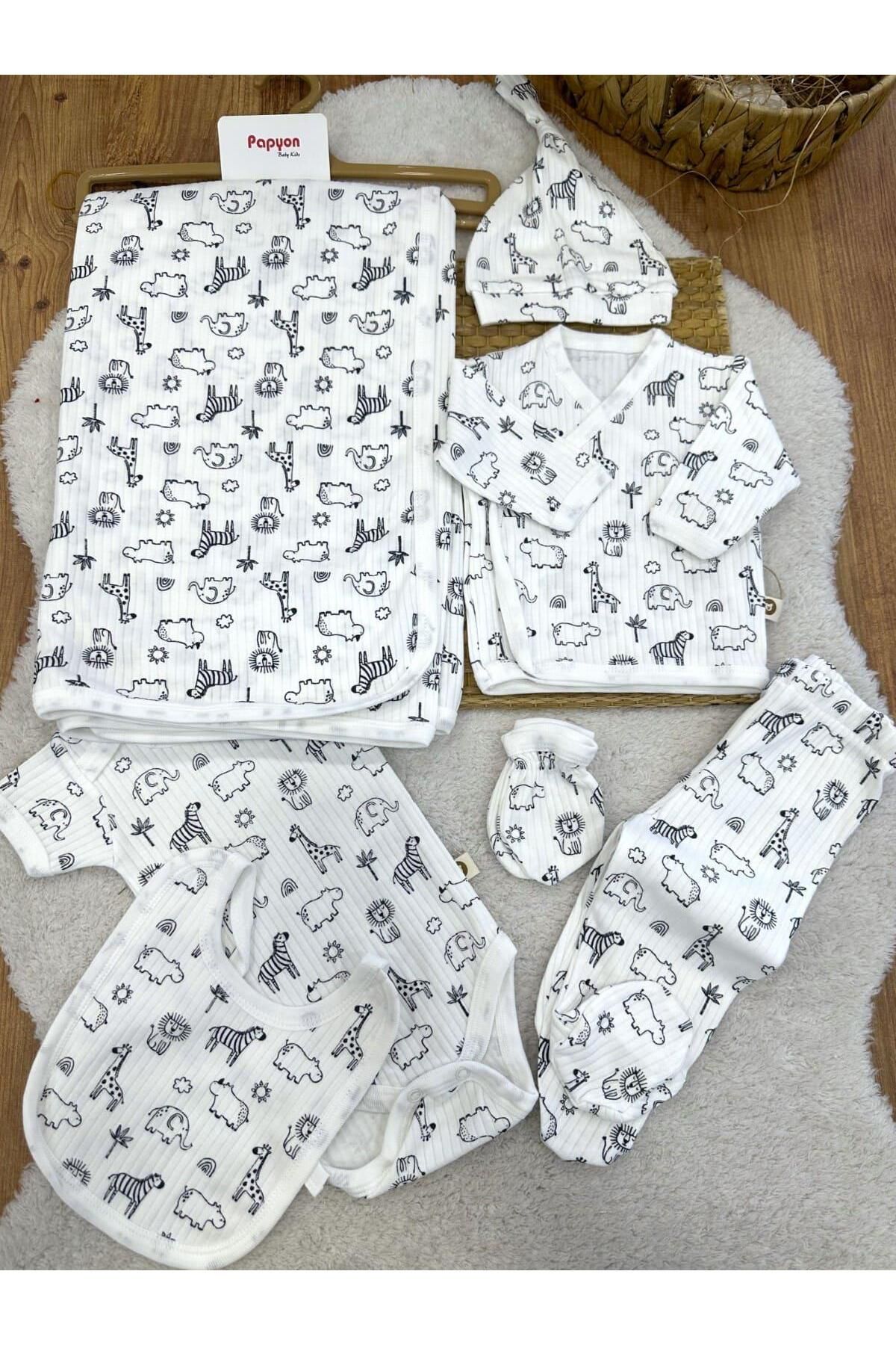 Papyon Baby Kids Safari Baskılı Fitilli Yenidoğan Erkek Bebek 7'li Zıbın Set Hastane Çıkışı