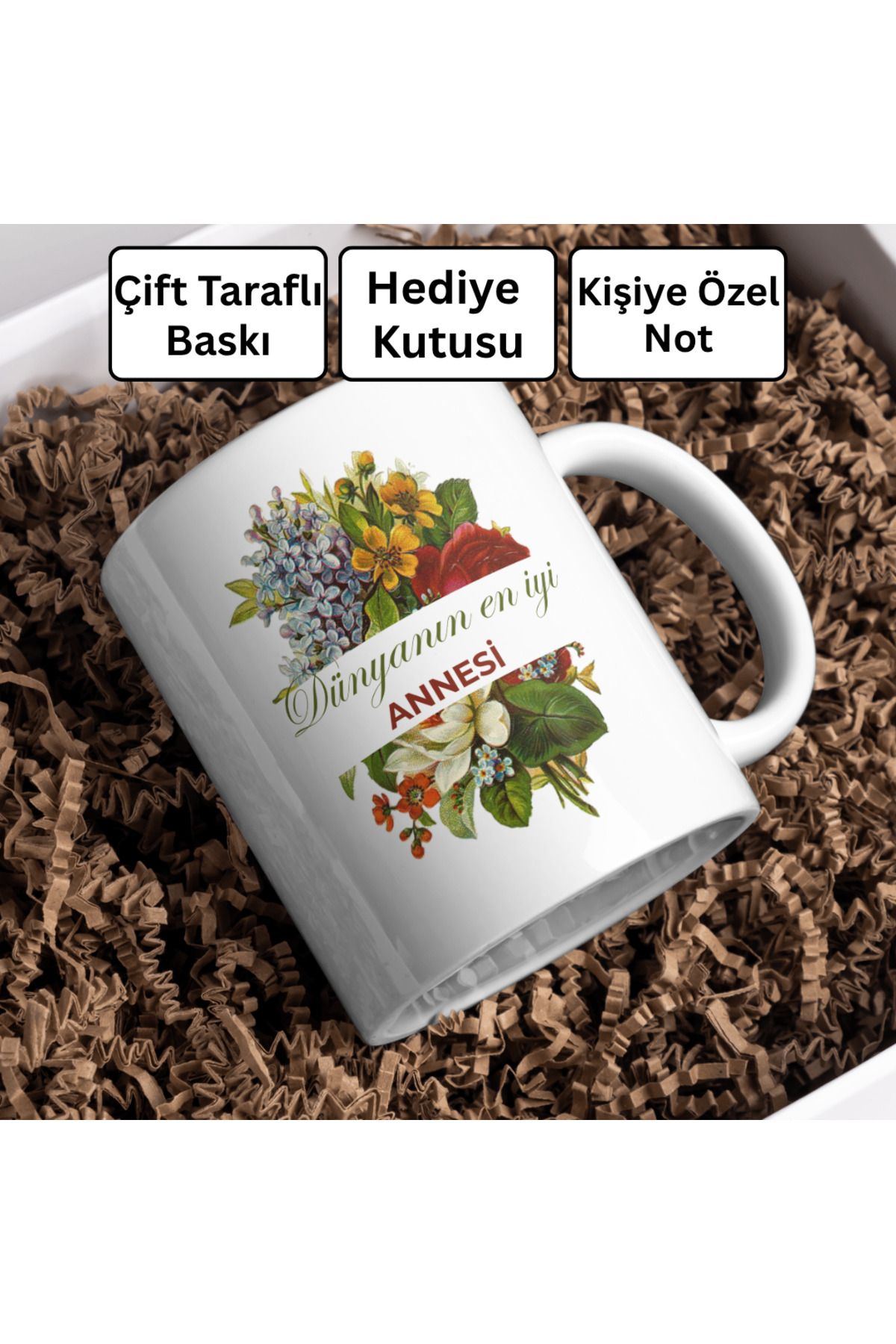Decorbik Dünyanın En İyi Annesine Özel Çiçekli Kupa | Hediye Kutulu + Kişiye Özel Notlu - Anlamlı Tasarım