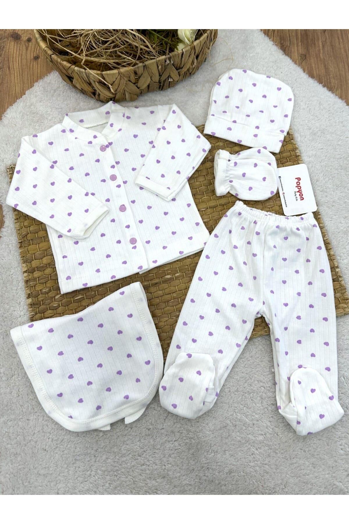 Papyon Baby Kids Kalp Baskılı Fitilli Yenidoğan Kız Bebek 5li Zıbın Set
