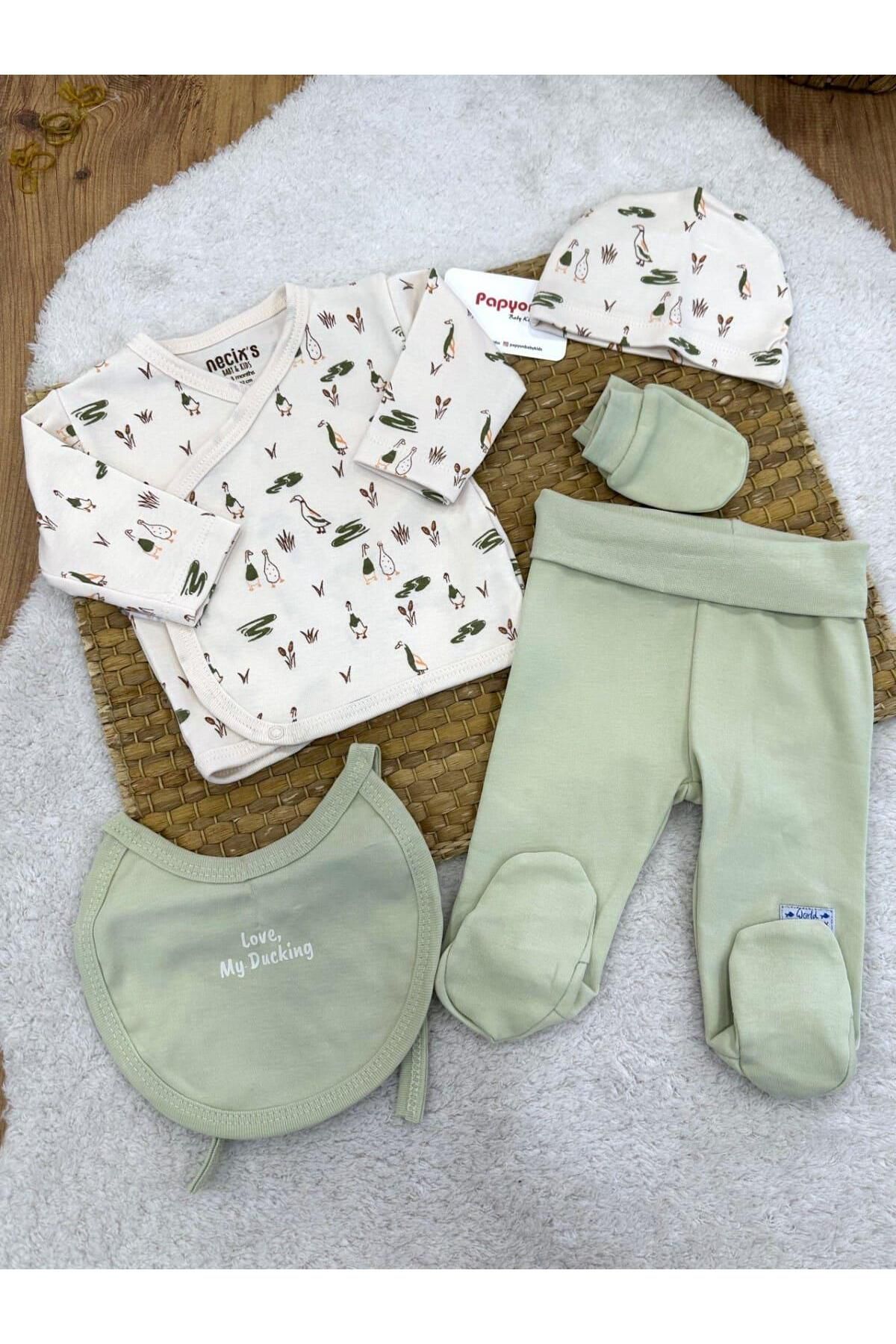 Papyon Baby Kids Ördek Baskılı Yenidoğan Erkek Bebek 5li Zıbın Set