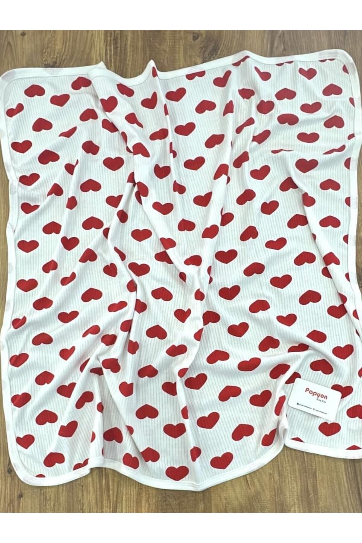 Papyon Baby Kids Büyük Kalp Baskılı Raporlu Tek Kat Penye Bebek Battaniyesi 85x100 Cm
