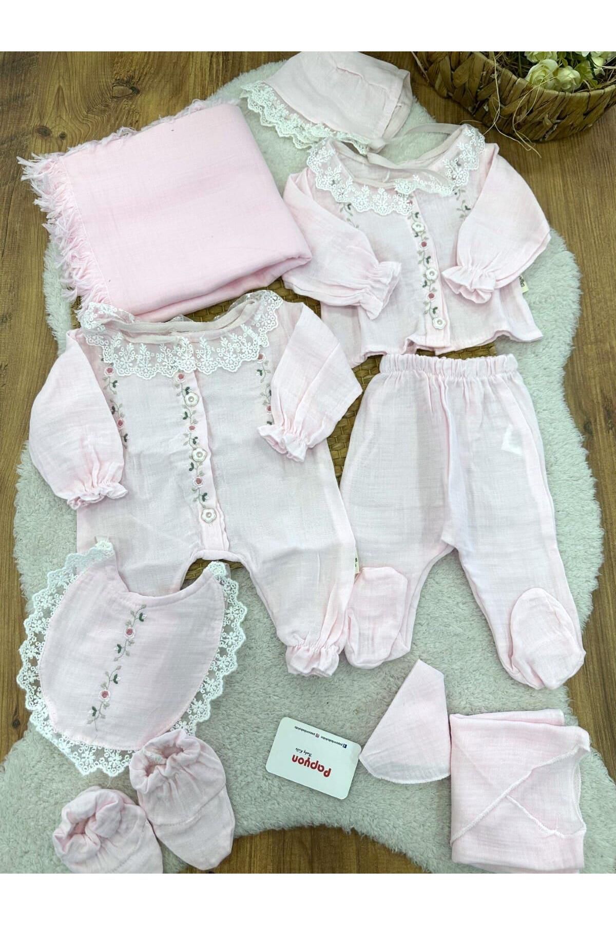 Papyon Baby Kids Çiçek Nakışlı Dantelli Tulumlu Yenidoğan Kız Bebek Müslin 10lu Zıbın Set Hastane Çıkışı