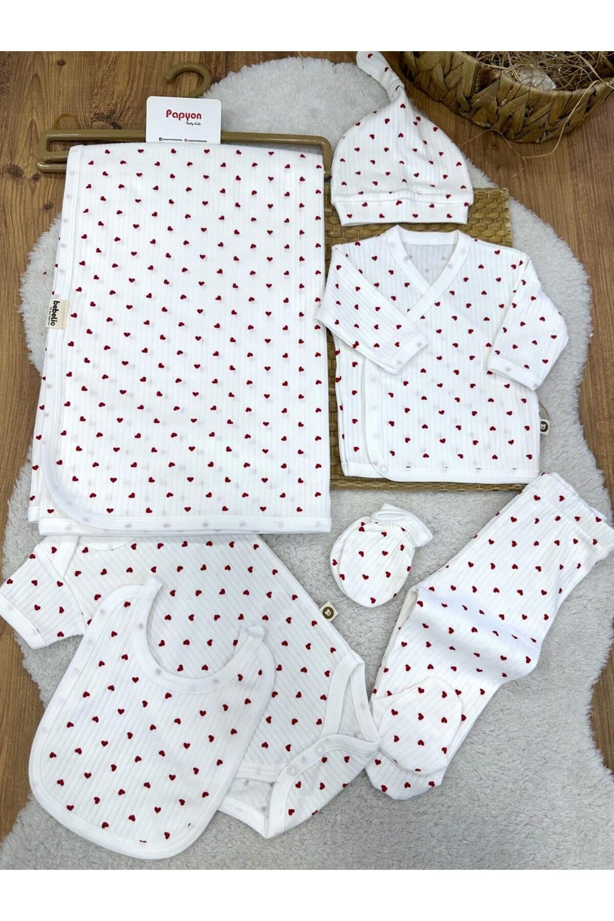 Papyon Baby Kids Küçük Kalp Baskılı Fitilli Yenidoğan Kız Bebek 7'li Zıbın Set Hastane Çıkışı