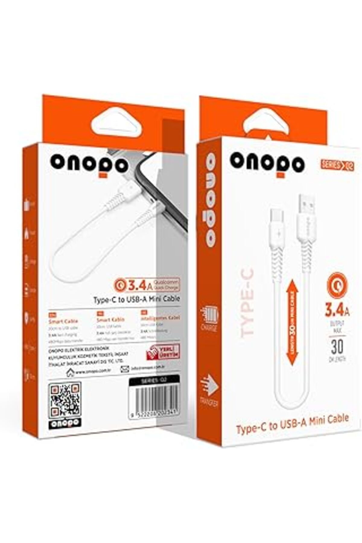 ASİTAN Onopo Android Uyumlu Type-C To Usb Mini Kablo 3.4A Hızlı Şarj Ve Data Kablosu 30Cm - Q2 | 3.4A Hızl
