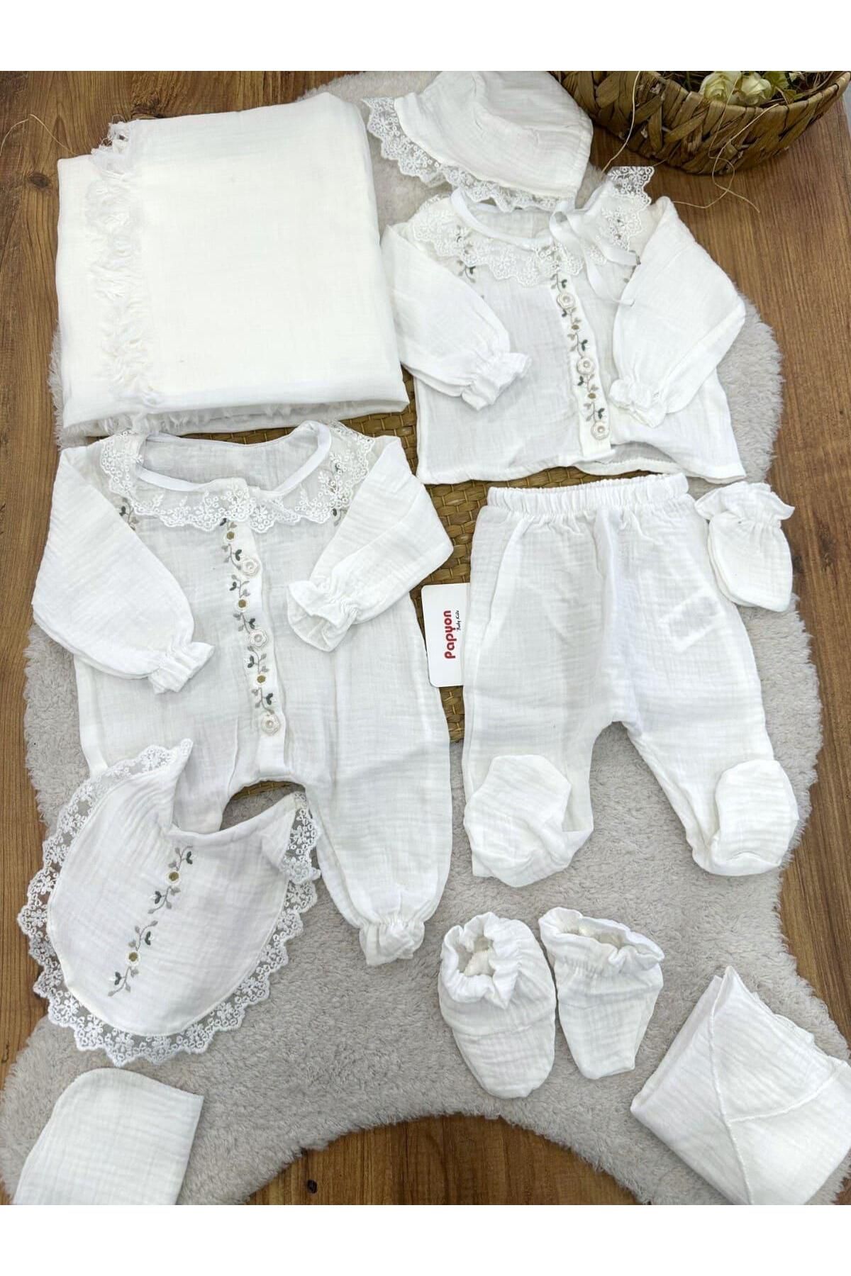 Papyon Baby Kids Çiçek Nakışlı Dantelli Tulumlu Yenidoğan Kız Bebek Müslin 10lu Zıbın Set Hastane Çıkışı
