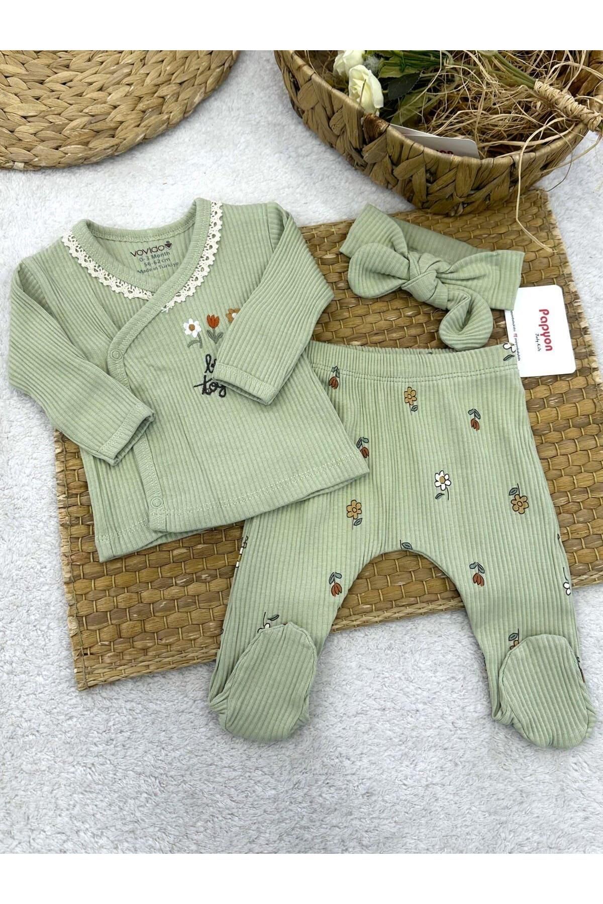 Papyon Baby Kids Be Happy Nakışlı Yaka Dantelli Yenidoğan Kız Bebek Natural 3lü Zıbın Set