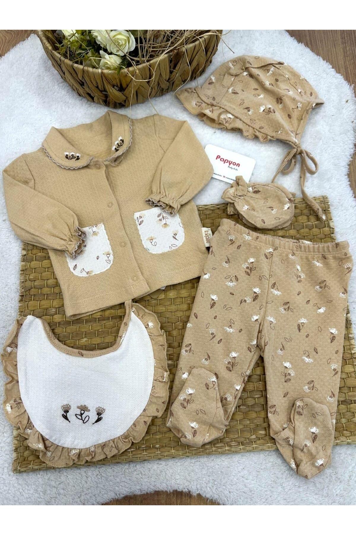 Papyon Baby Kids Gine Soft Elma Çiçeği Yenidoğan Kız Bebek Natural 5li Zıbın Set