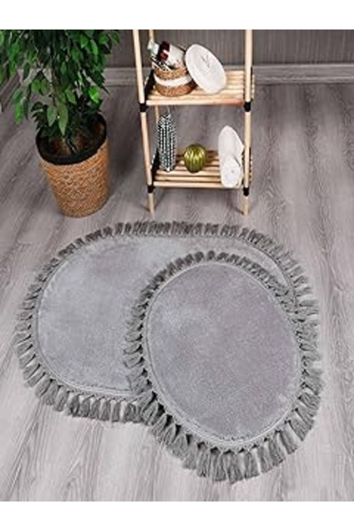 Mu Art Ahşap My Evilla Modern Simirna Dekoratif Peluş Oval Ponpon Saçaklı Klozet Takımı Açık Gri