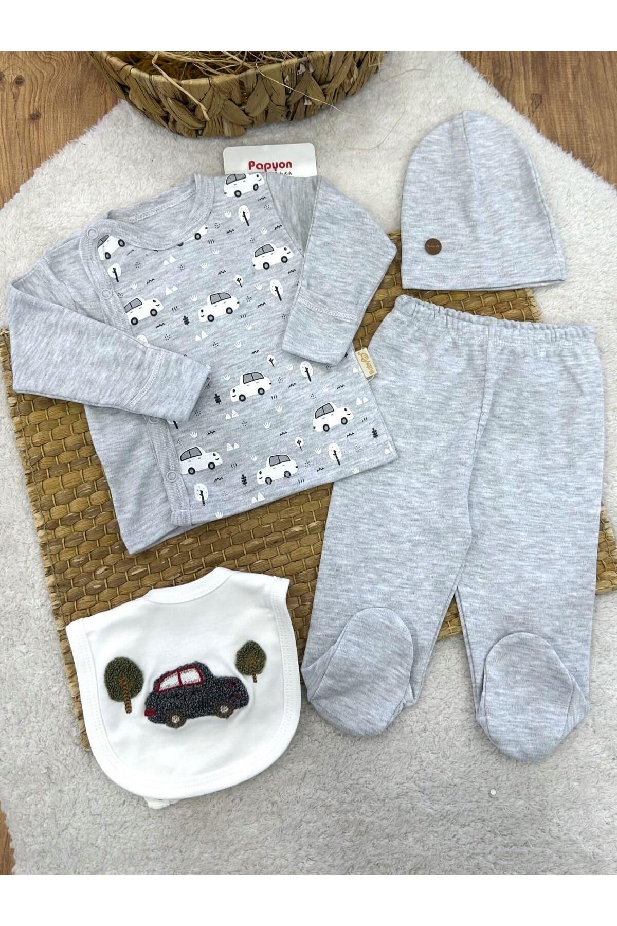 Papyon Baby Kids Araba Baskılı Yenidoğan Erkek Bebek 4lü Zıbın Set