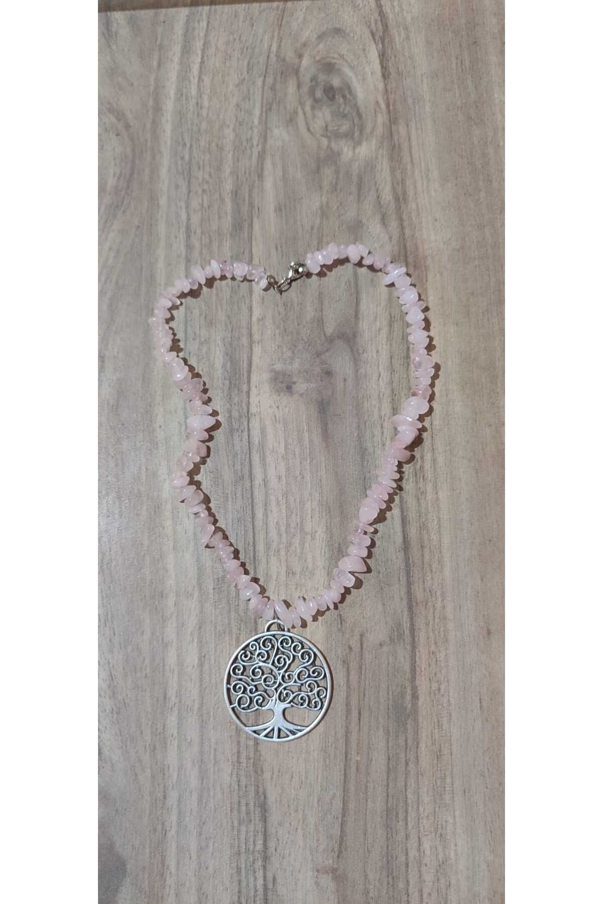 Elmas Dudu Pembe Kuvars Doğal Taş Kolye - Hayat Ağacı temalı