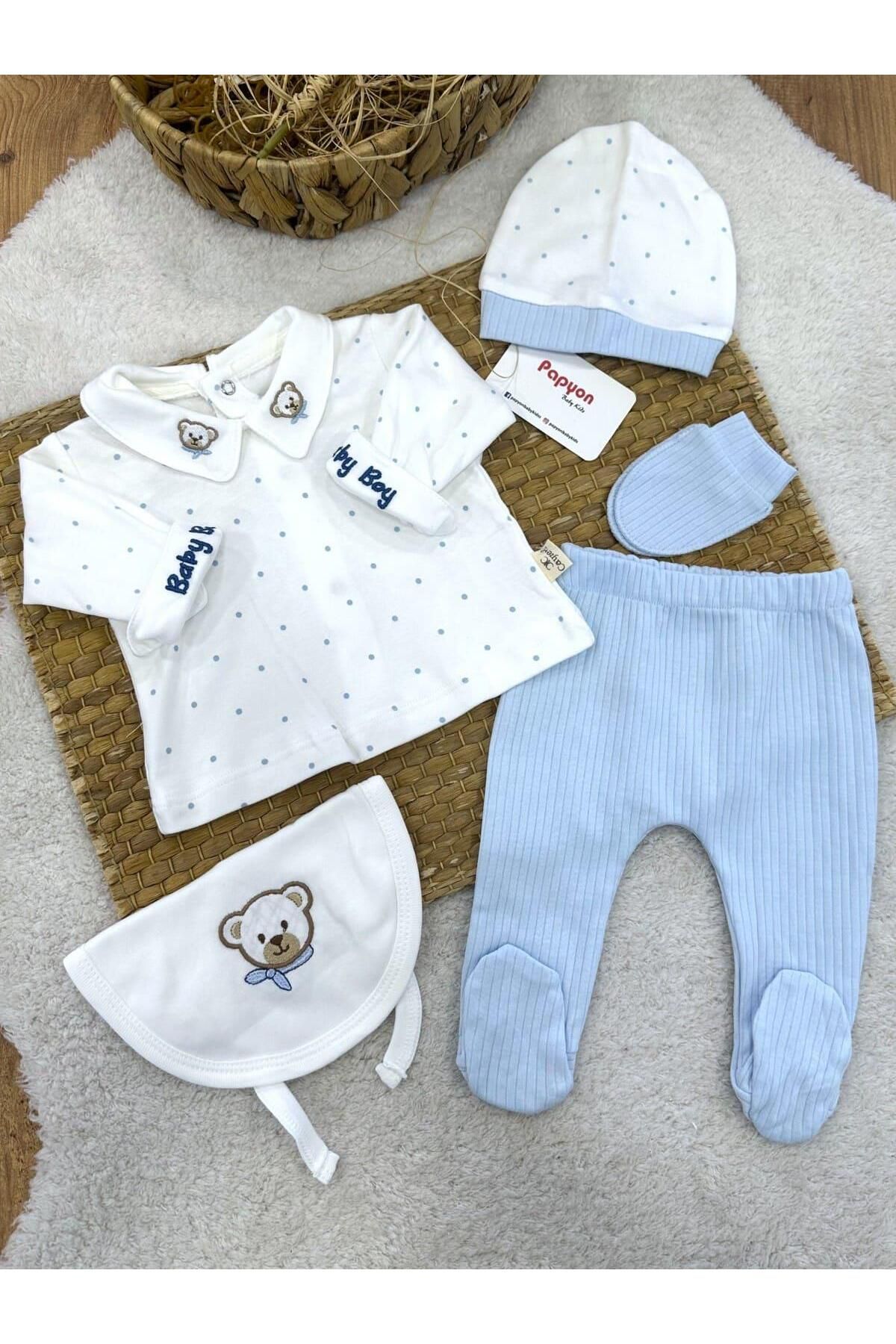 Papyon Baby Kids Yaka Ayıcık Nakışlı Puanlı Yenidoğan Erkek Bebek 5li Zıbın Set
