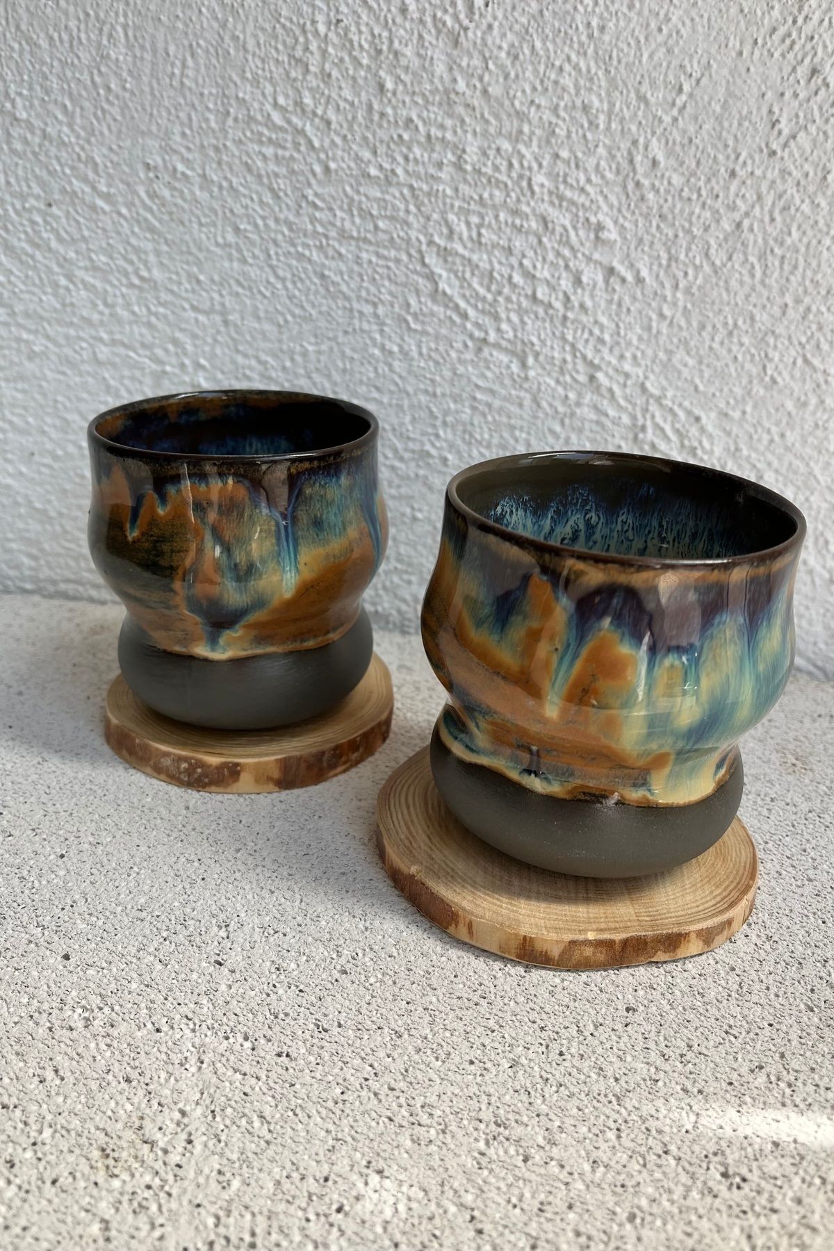 Atölye Nana El Yapımı Stoneware Kaplan Gözü Efektli Kulpsuz İkili Bardak Seti
