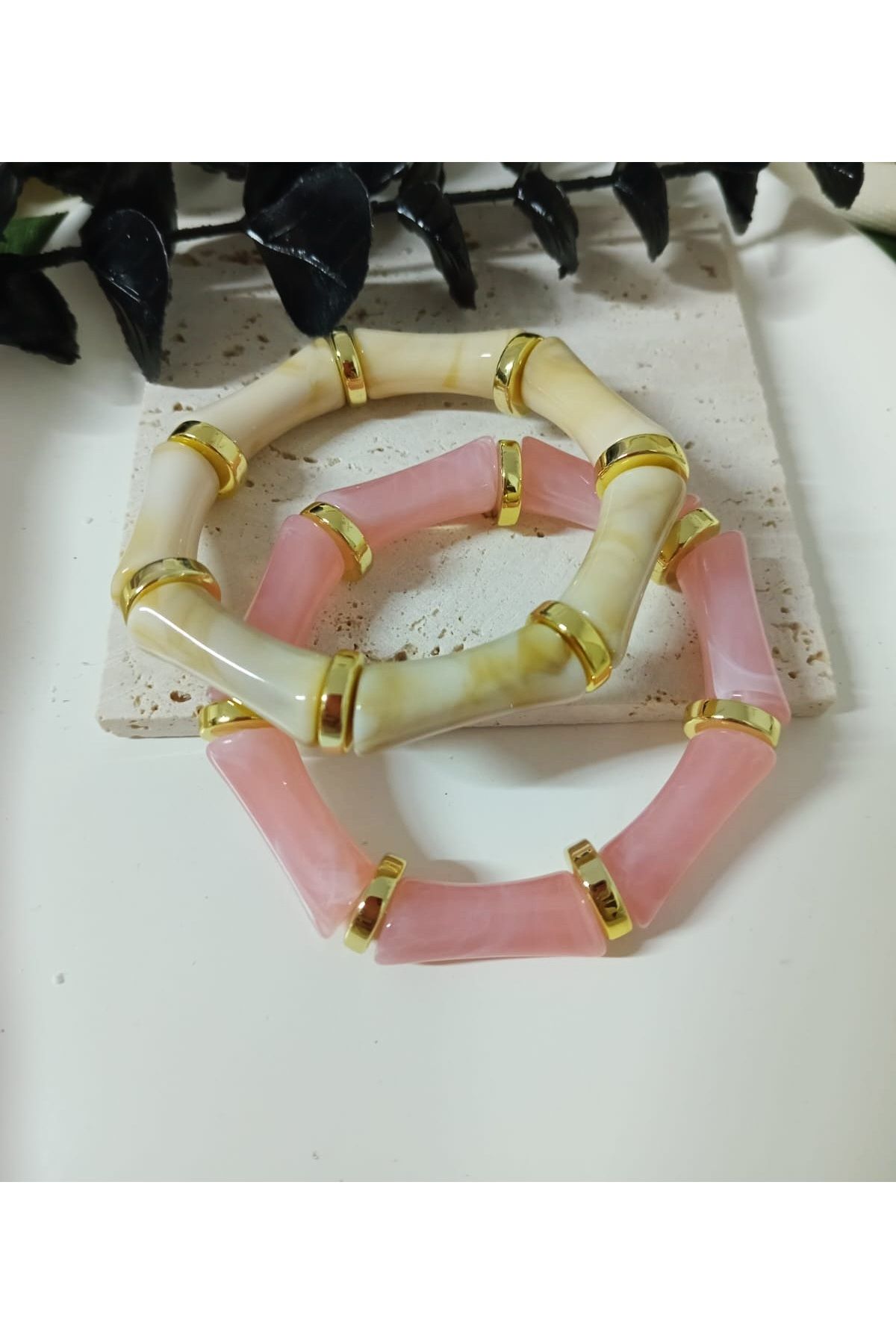 mos&more Pembe-Krem 2 li Gold Lastikli Bileklik