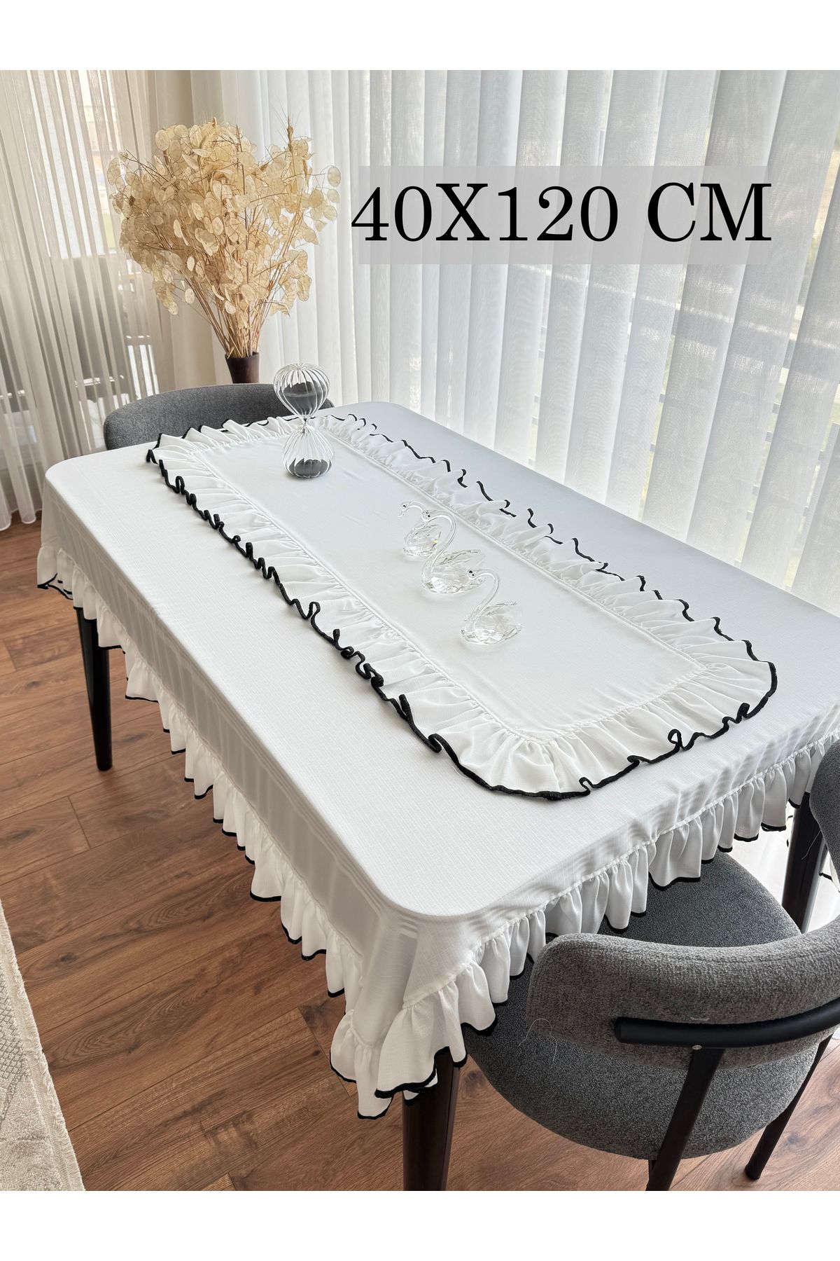 ARS DT Biyeli Görünümlü Fırfırlı Beyaz Keten RUNNER Şık Dekoratif 40X120 cm