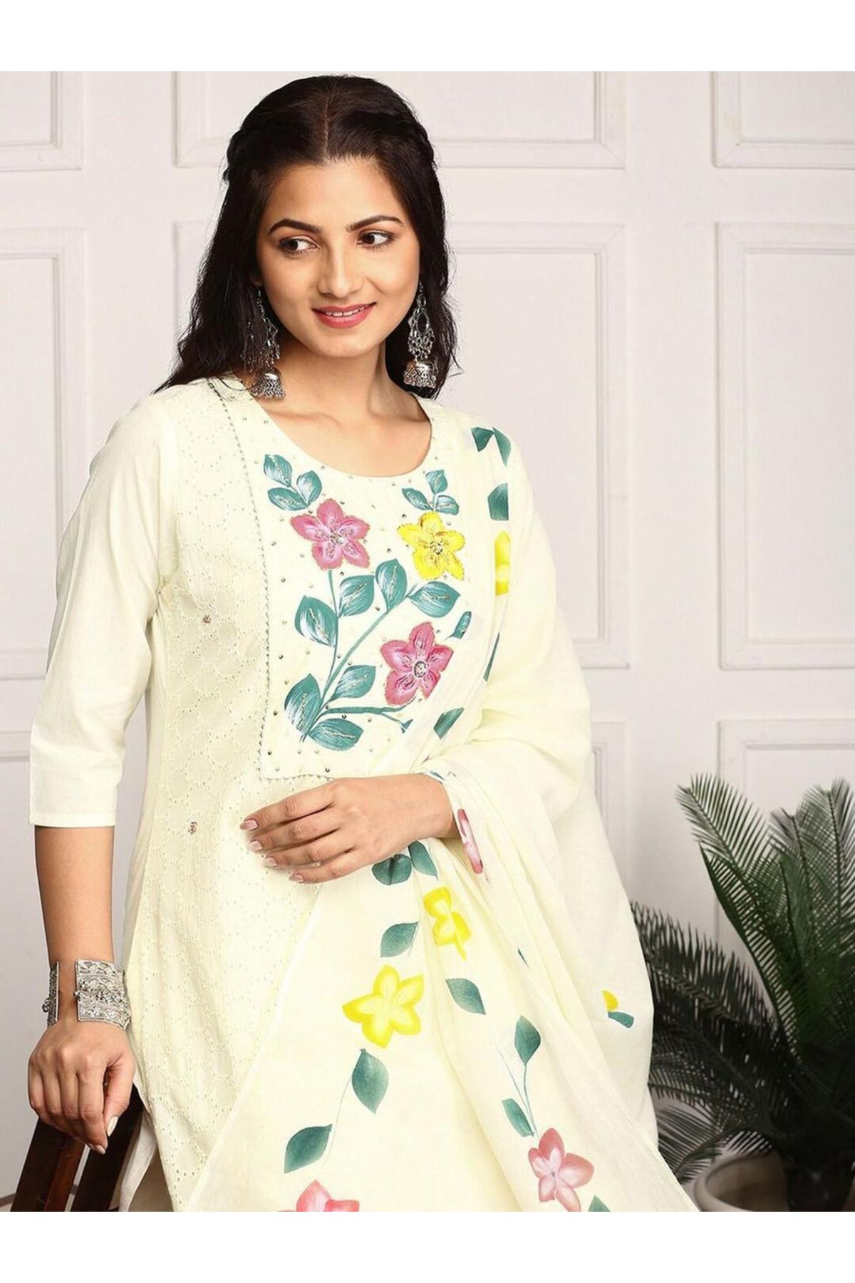 Ishin By Styli-Floral Print Cotton Kurta with Trousers and Dupatta Set 2