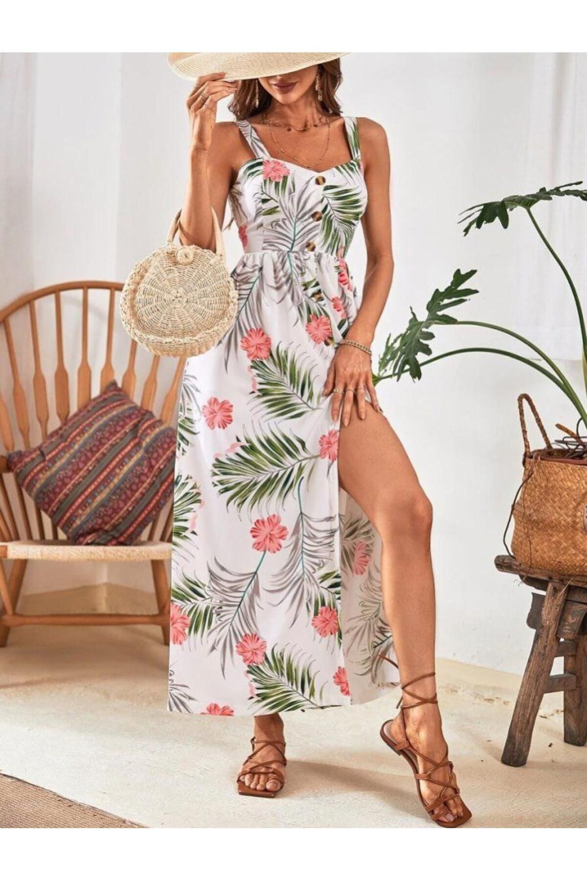 MODA Kadın Askılı Önden Düğmeli Yaprak Desenli Uzun Süprem Elbise
