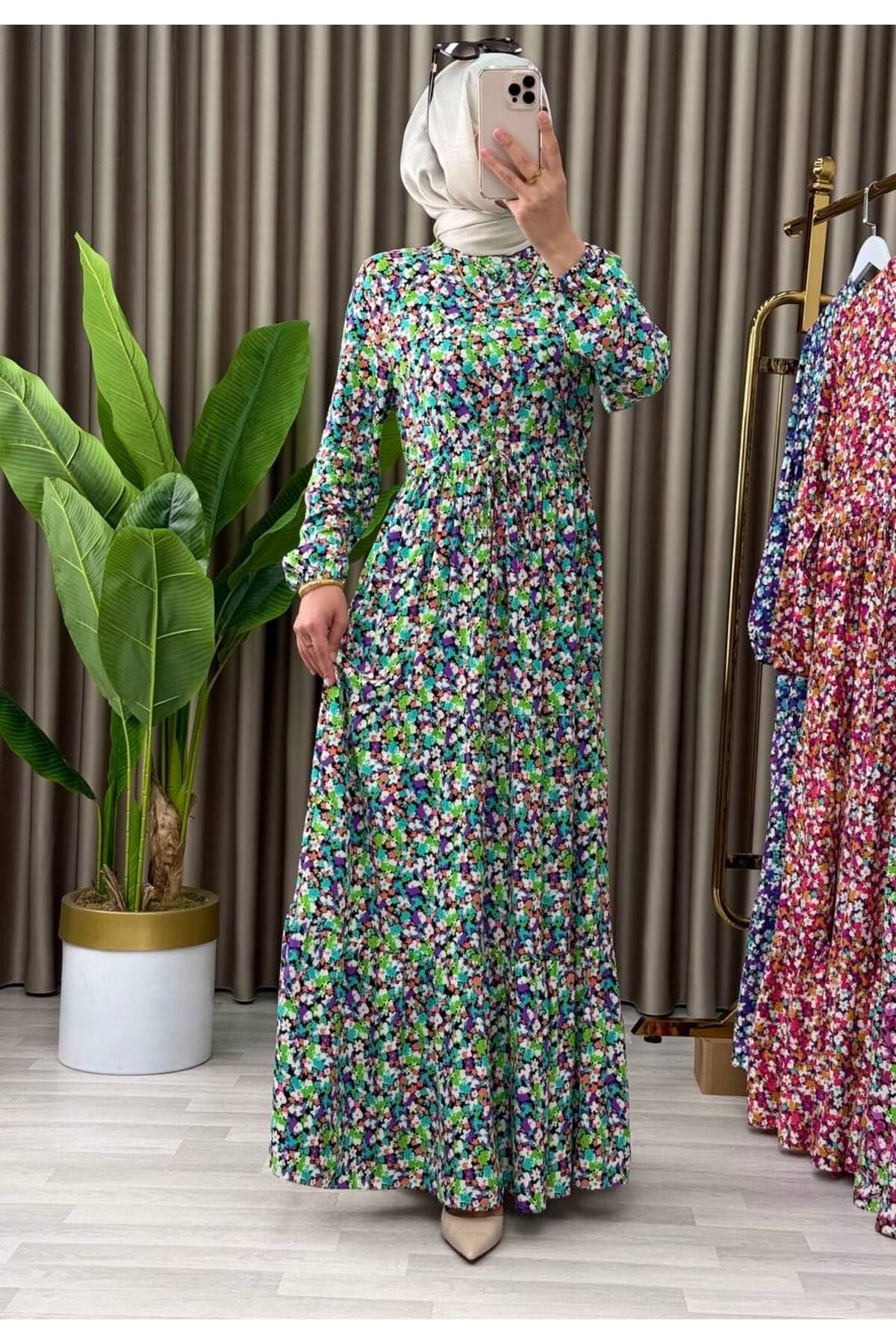 CYM Butik Tesettür Çiçekli Yazlık Büyük Beden Viskon Elbise