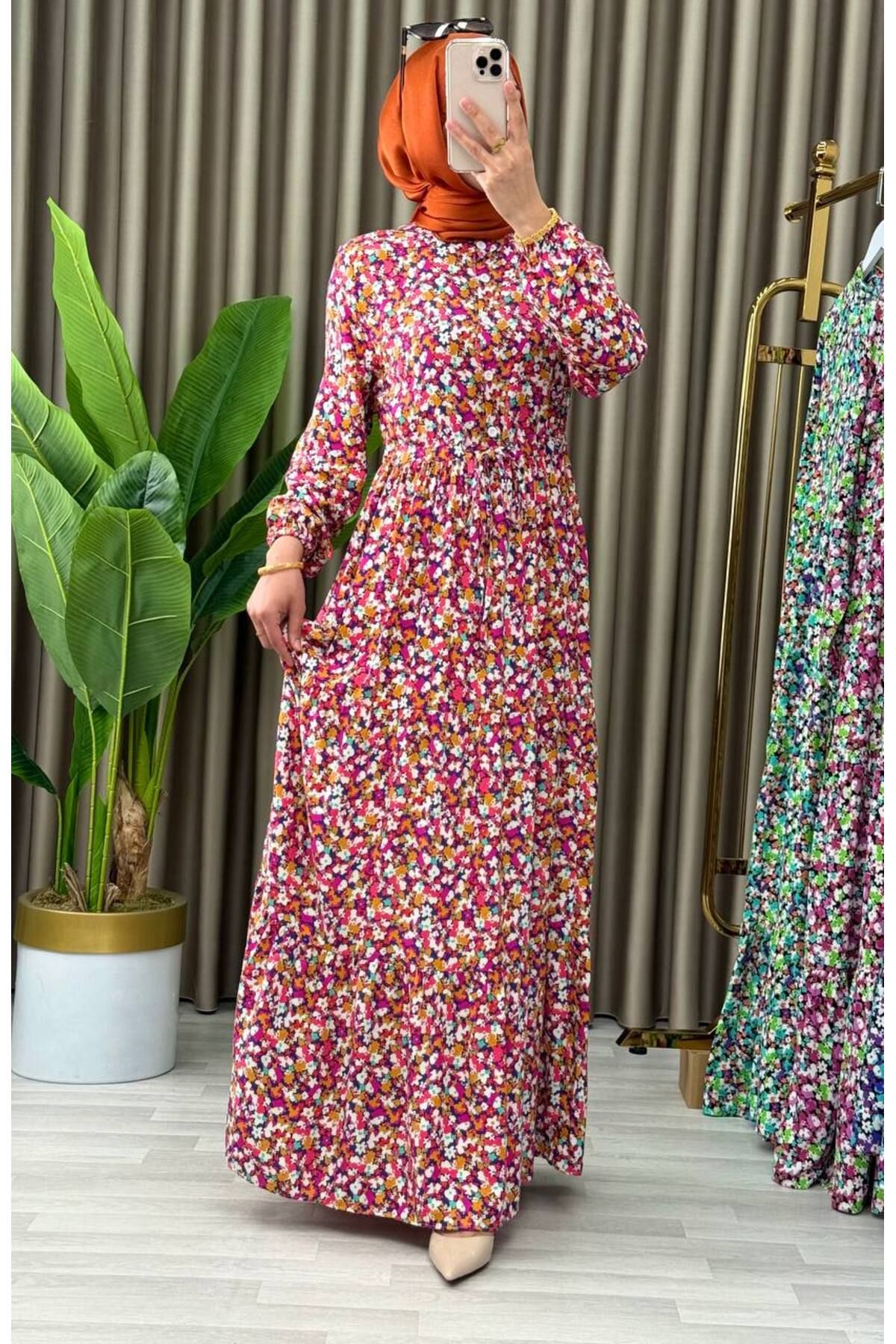 CYM Butik Tesettür Çiçekli Yazlık Büyük Beden Viskon Elbise