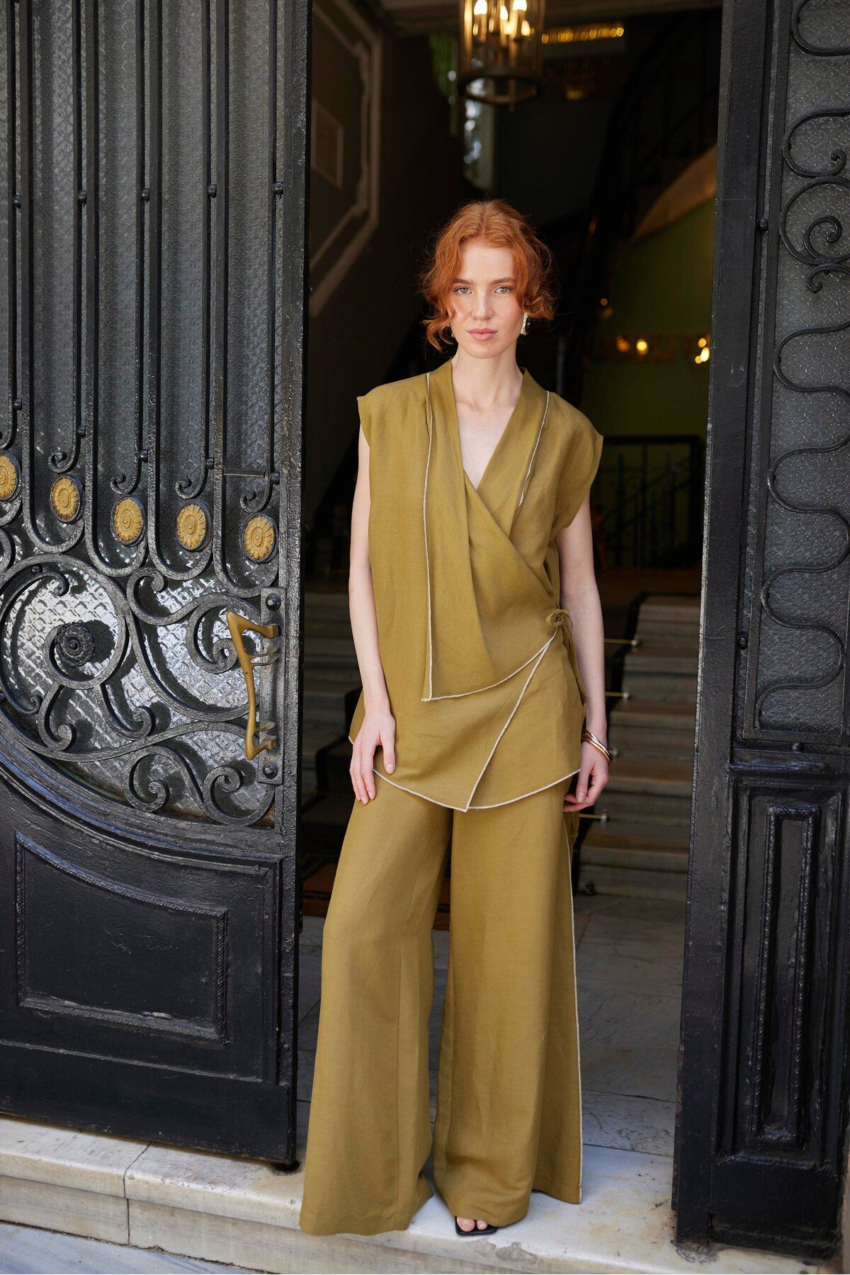 Lady Pixie Çizgi Detay Tasarım Bağlamalı Kimono Takım