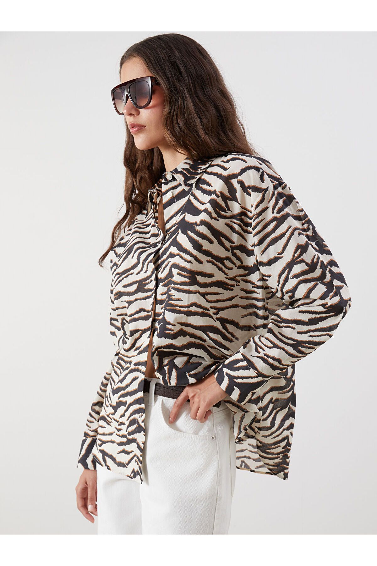 LC Waikiki Zebra Desenli Oversize Kadın Gömlek
