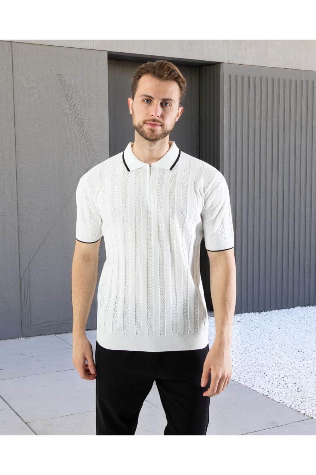 VOGUEMET Erkek Polo Yaka Fermuarlı Örgü Tişört | Hava Alan Desenli Yazlık Model