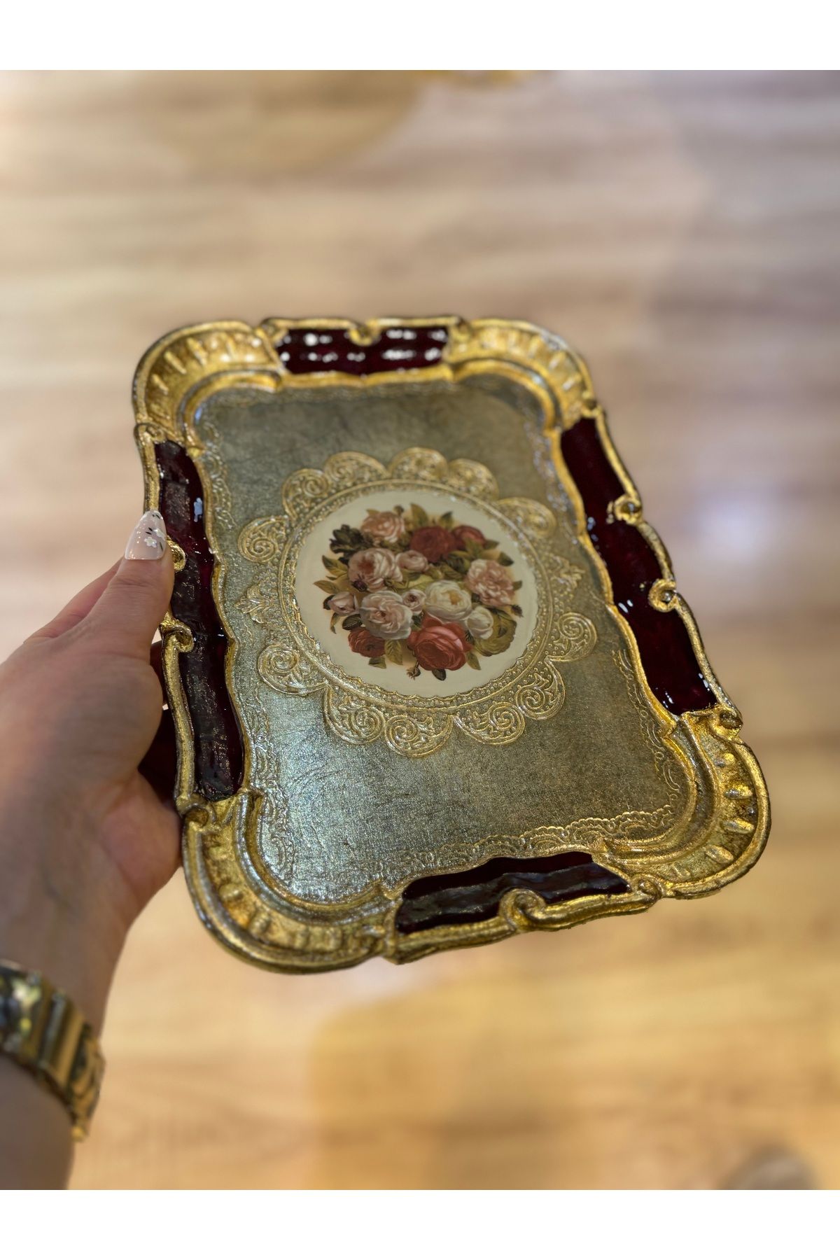 masi ESTERHOMEDECOR Tek kişilik orijinal Gül ağacı çiçkekli dikdörtgen sunum tepsisi 30cm Masi
