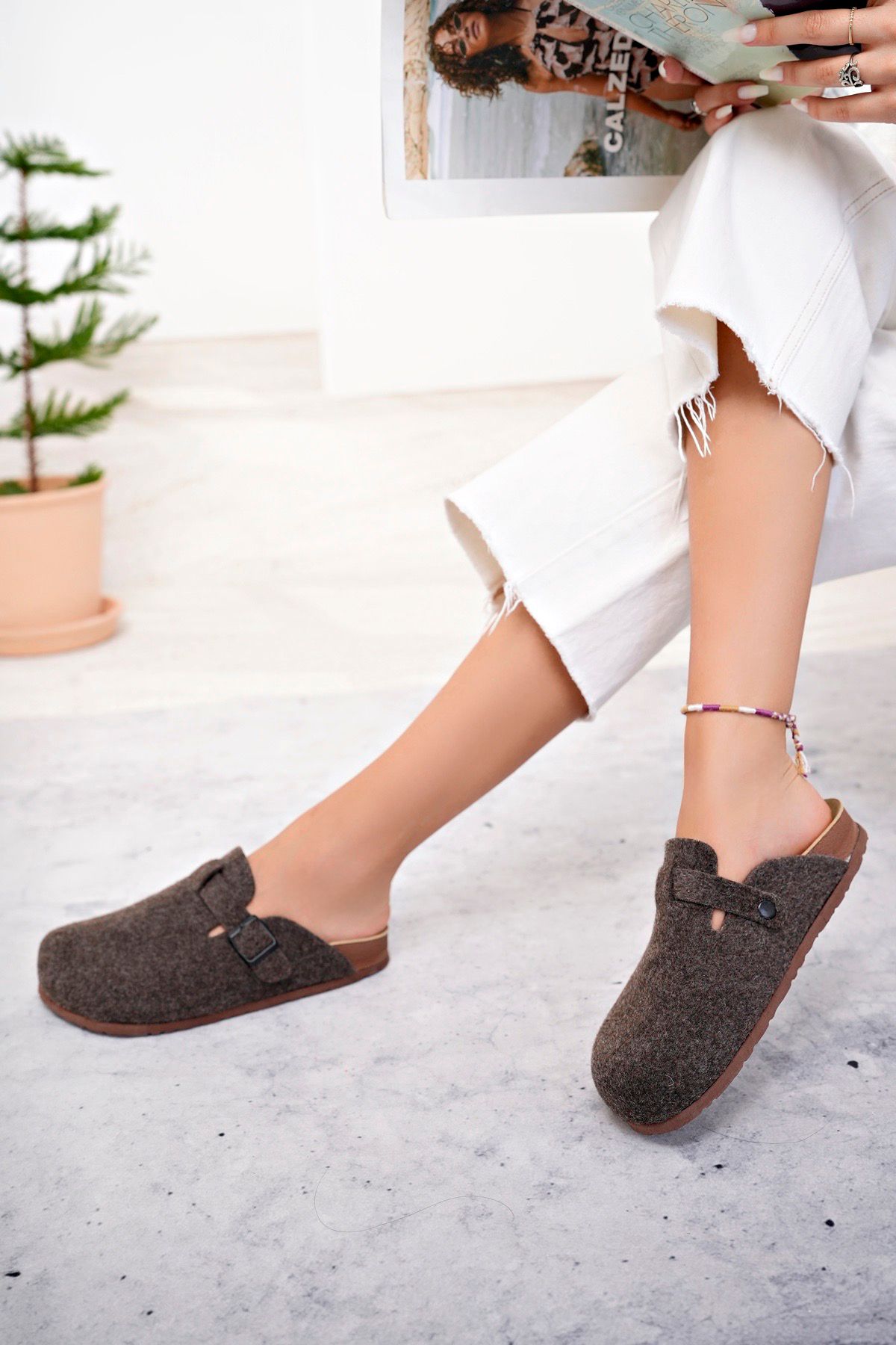 Polomia Comfort Kadın Unisex Mantar Taban Eva Konfor Moda Kışlık Önü Kapalı Keçe Model Sabo Günlük Rahat Ev Terlik