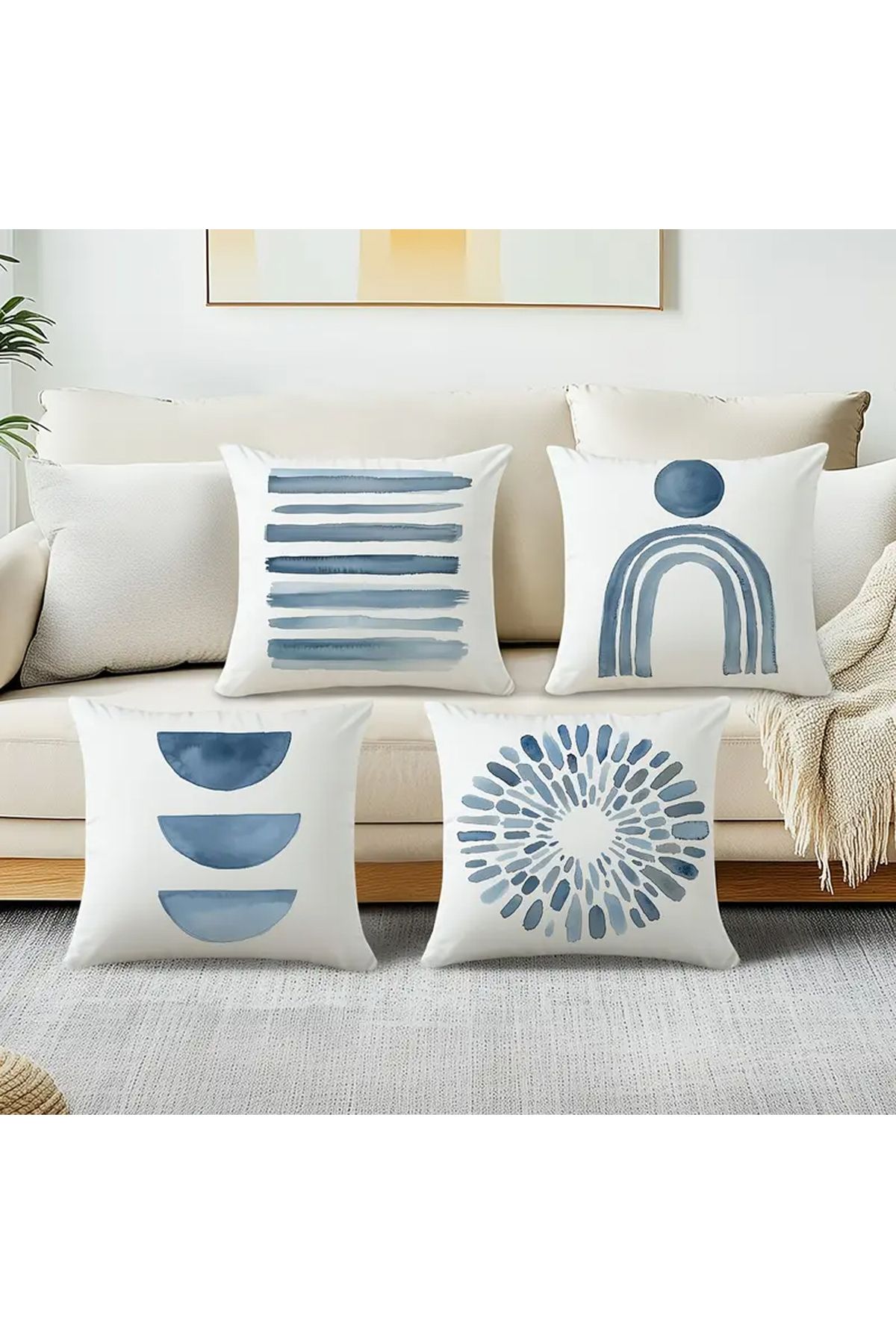 Sister Home Design Soyut Şekiller Mavi Tonları Çift Taraflı Desen, 4lü Kırlent Kılıfı No:128