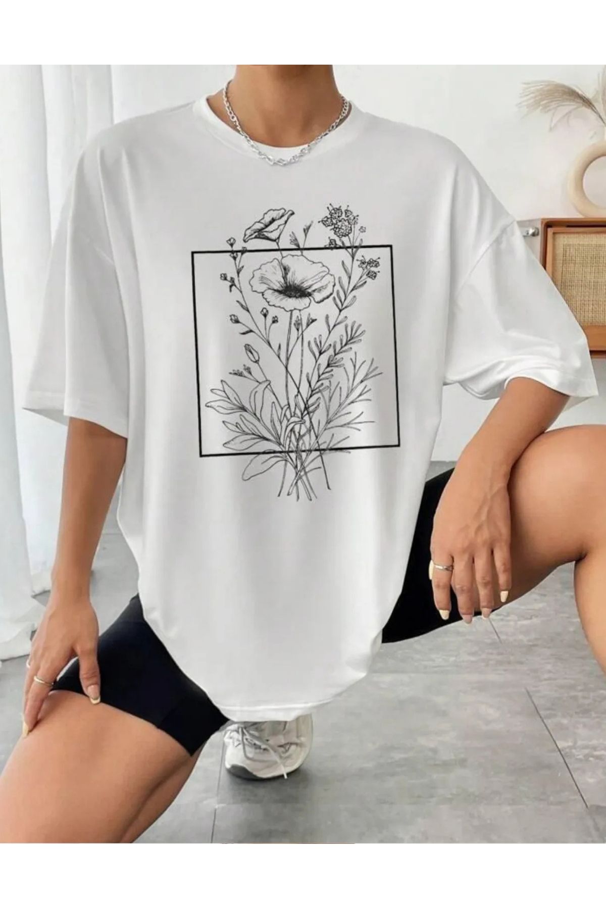 NEMESA Unısex Kadın/Erkek Baskılı Oversize Düşük Kol Bisiklet Yaka T-Shirt