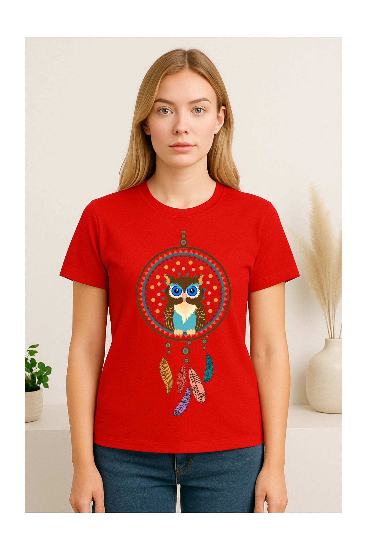 MODA Kısa Kollu, Regular Kalıp, Bohem Desen (Baykuş), Kadın TSHIRT