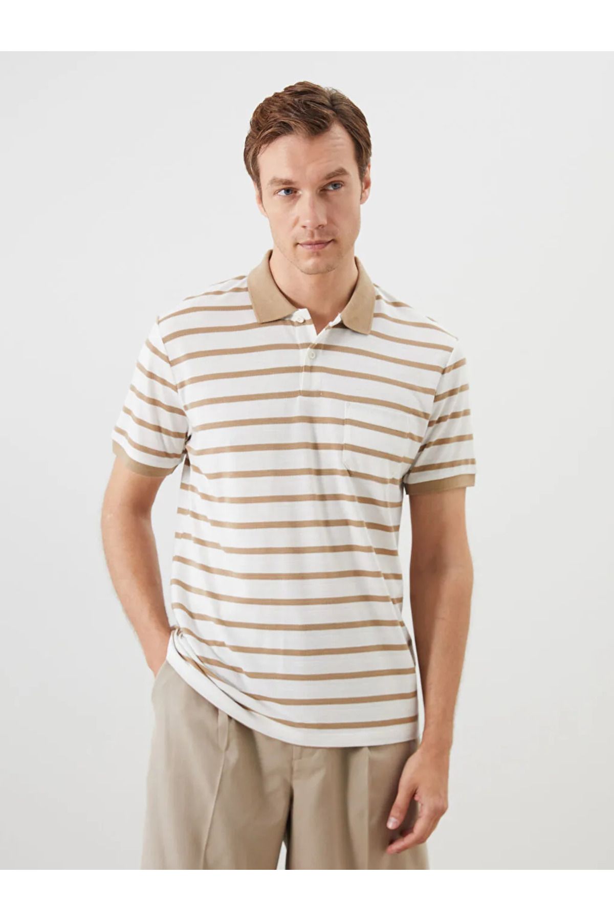 LC Waikiki LCWAIKIKI Classic Bej Polo Yaka Çizgili Erkek Tişört