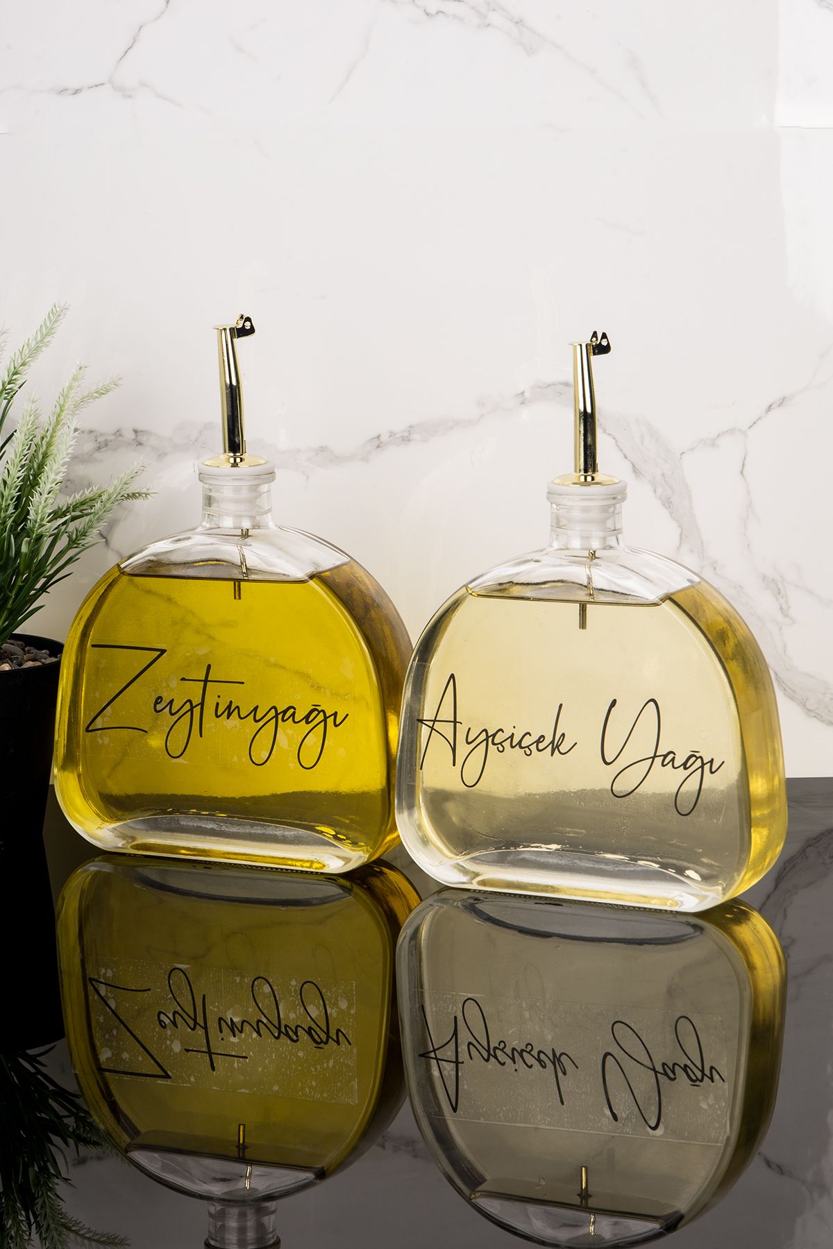 Dolkin Home 2'li Lüks 500 ml Yağdanlık Gold Kapak Cam Yağlık Zeytinyağı Ayçiçek Yağı Etiketli Sosluk Sirkelik