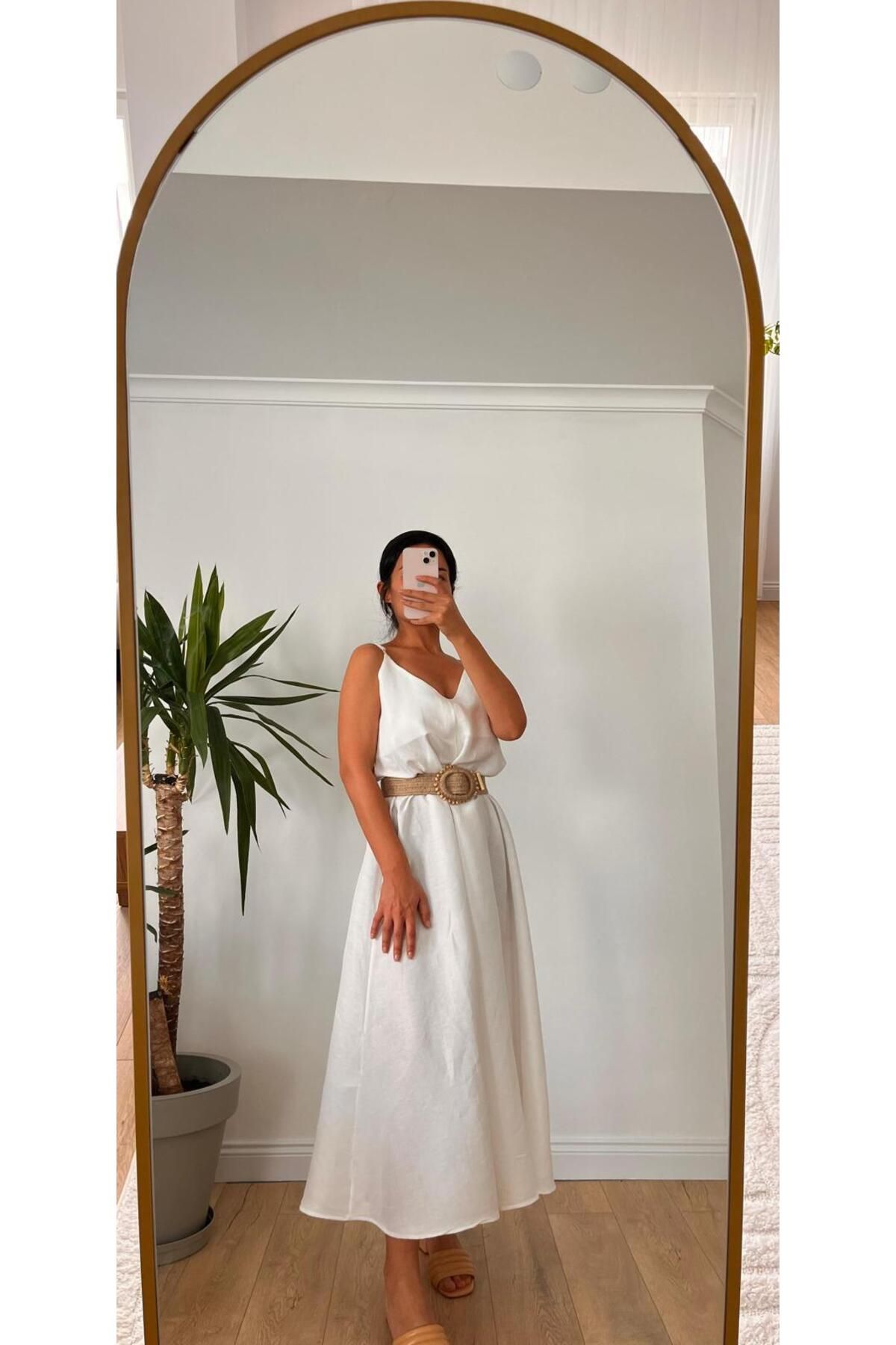 Bronze Butik İp Askılı Kemerli Keten Elbise