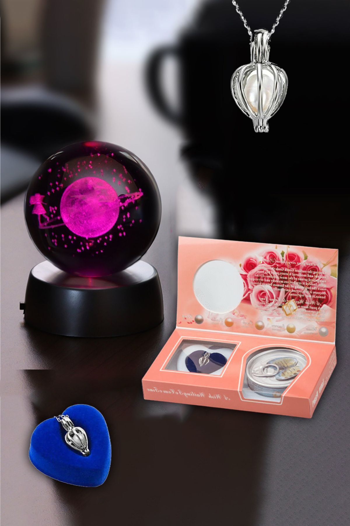 Wolawood Özel İstiridye İnci Kolye ve Kristal Cam Kar Küresi İkili Hediye Seti Romantik Anlamlı Sürpriz Paket