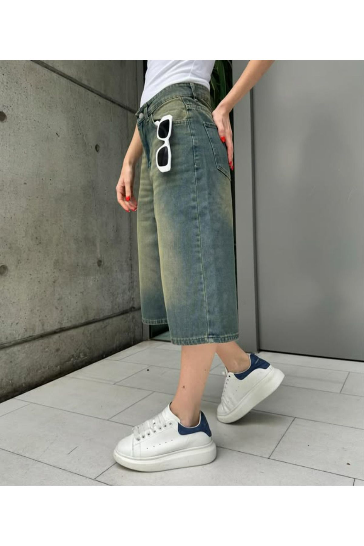 KOTOLOG Unisex Vintage Yıkamalı Retro Kalıp Baggy Jean Kapri Bermuda