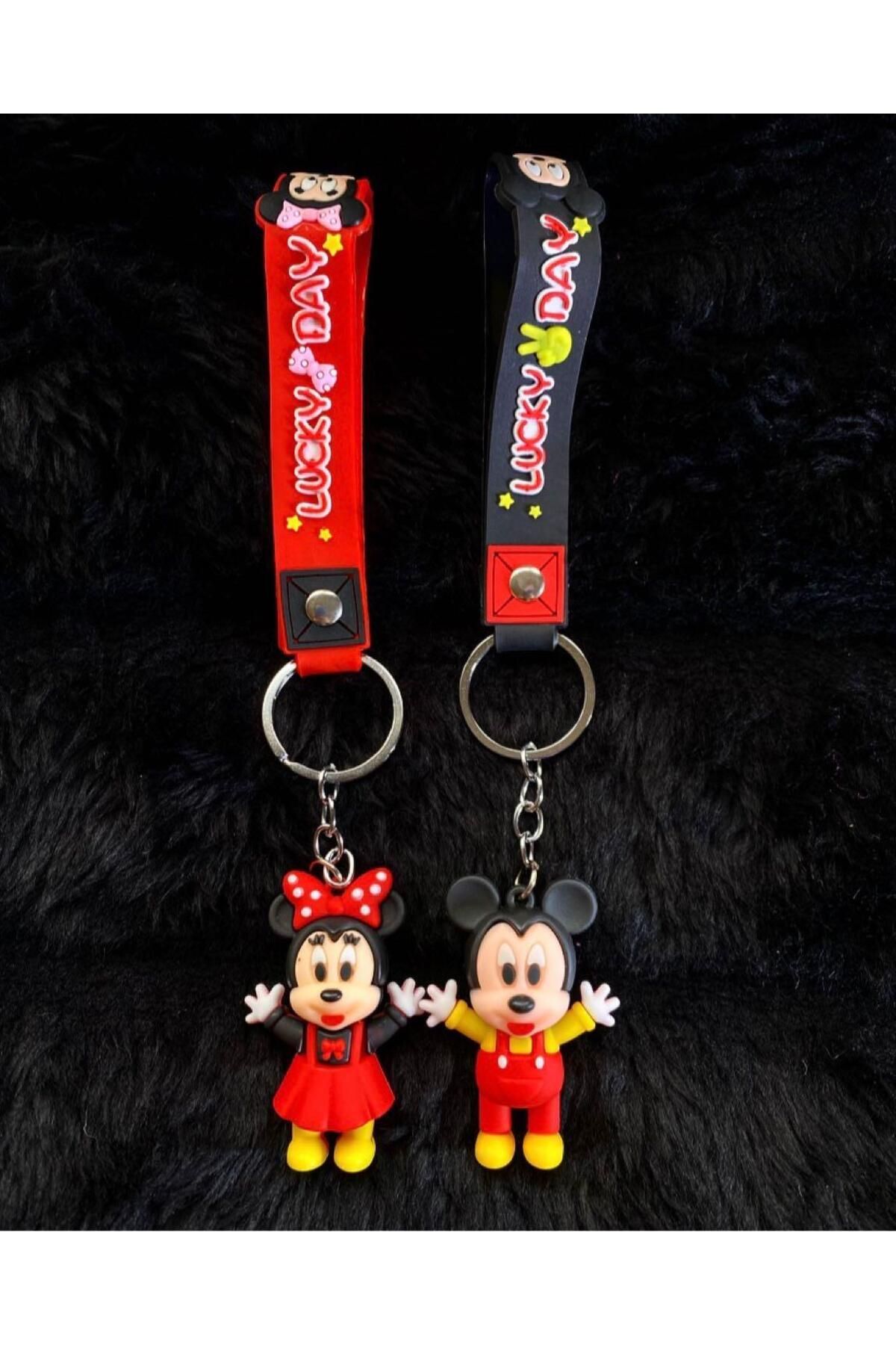 AyKoş aksesuar Sevimli Mickey Mouse Kırmızı Renk 2 Adet Çift Anahtarlık Ve Çanta Aksesuarı