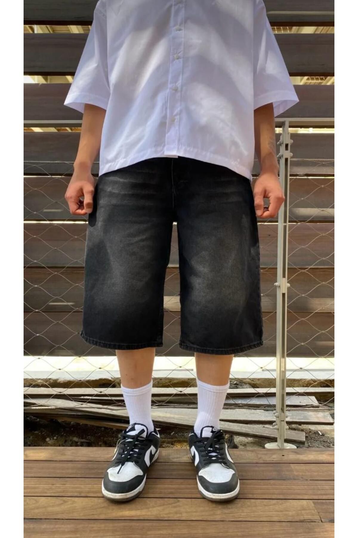 KOTOLOG Unisex Vintage Yıkamalı Retro Kalıp Baggy Jean Kapri Bermuda
