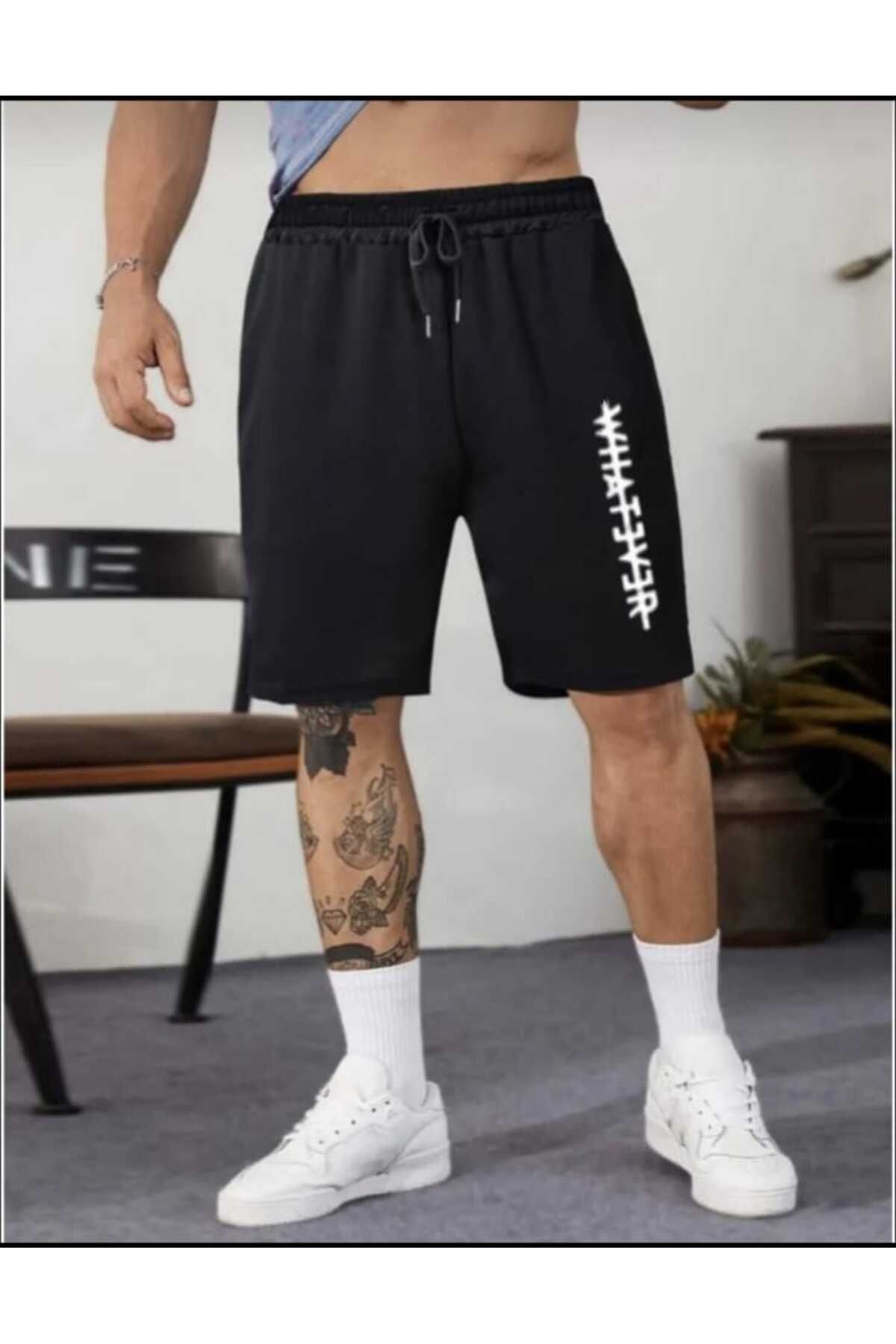 NETTENSTORE ERKEK SİYAH BERMUDA SPORTWEAR WHAT BASKILI YAZLIK RAHAT SPOR ŞORT