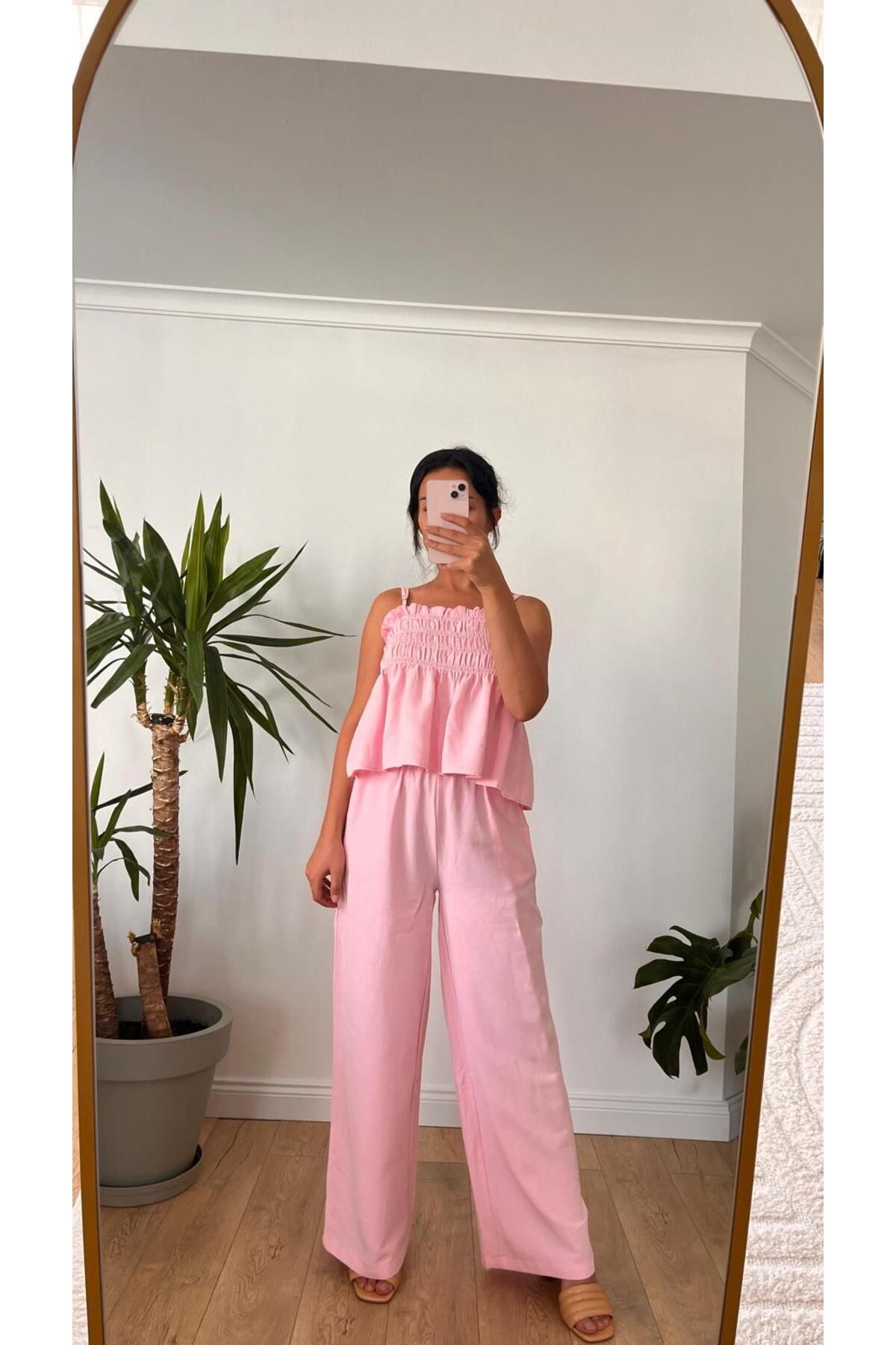 Bronze Butik Pembe Gipeli Bluz Pantolon Takım