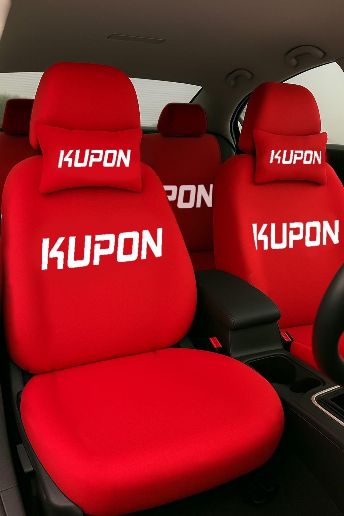 POZART Kırmızı Kupon Yazılı Servis Kılıfı 8parça 2X Boyun Yastığı Kemer Pedi Ön ve Arka Koltuk Seti