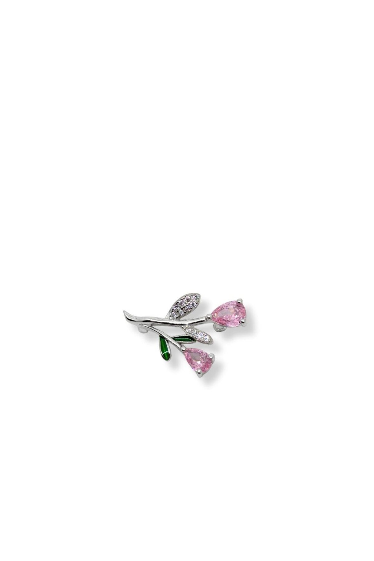 oya silver Minimal Pembe Kuvars Taşlı Gümüş Çiçek Broş – 1.5x2.4 cm
