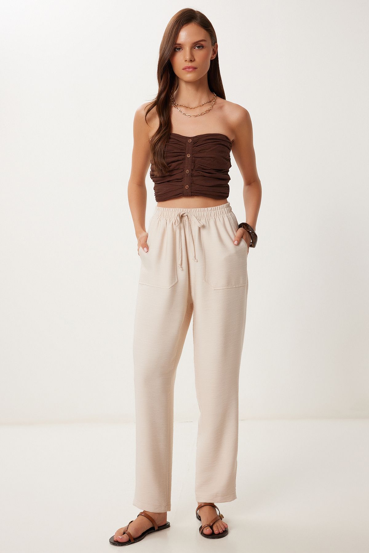 Lovelyİstanbul Cepli Dokuma Şalvar Pantolon KREM LMX0094