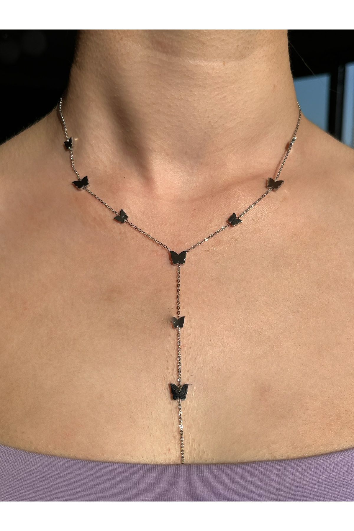 B&E SHİNE JEWERLY Kararmaz Çelik Kelebek Detay Y Model Kolye