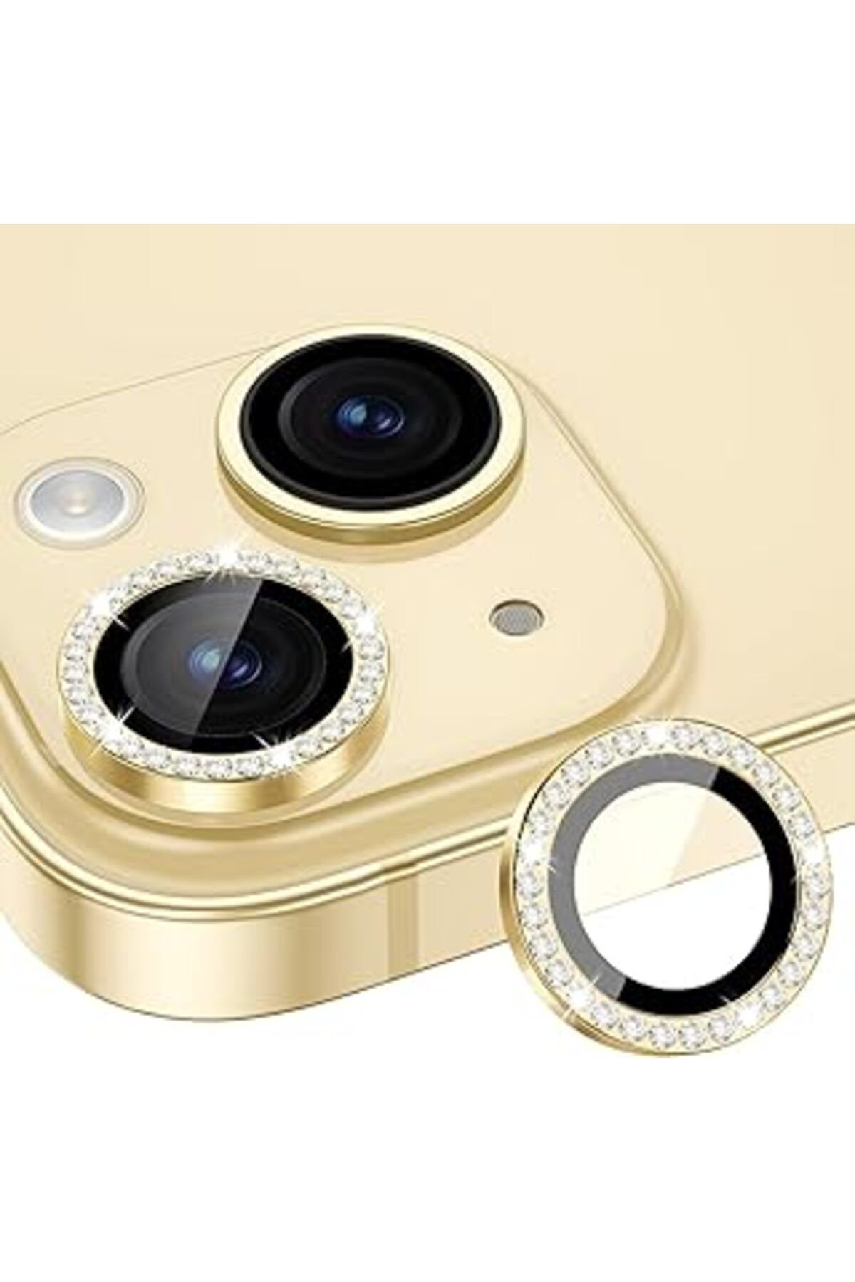 Qedii Bause Iphone 14/14 Plus / 15/15 Plus Ile Uyumlu 9H Temperli Şık Taşlı Kamera Lens Koruyucu (Yellow)