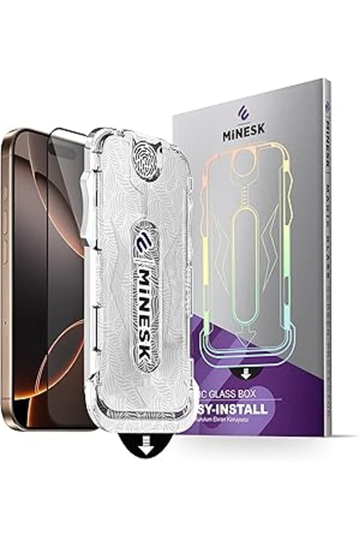 Qedii Minesk Magic Glass Iphone 16 Pro Max Için Otomatik Hizalama Aparatlı Ekran Koruyucu (Güçlendirilmiş